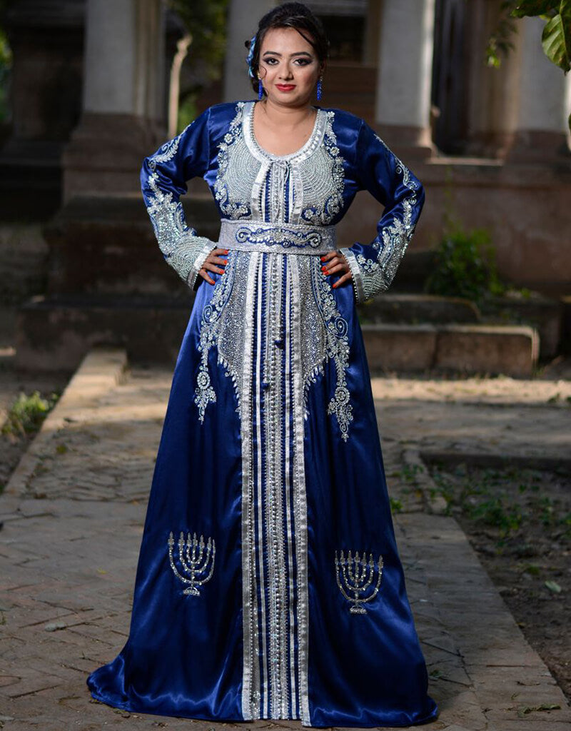 Exquisite Arabic Dark Blue & White Silk Kaftan with Silver Embroidery - Elegant Loungewear for Special Occasions & Evening Events
