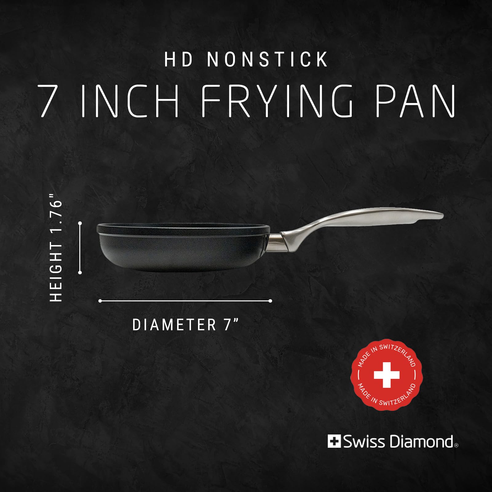 Premium Swiss Diamond 7-Inch Nonstick Frying Pan – Aluminum Coated Skillet, Dishwasher & Oven Safe – Stainless Steel Handle – Gray – Perfect for Sautéing, Frying Eggs & Pancakes