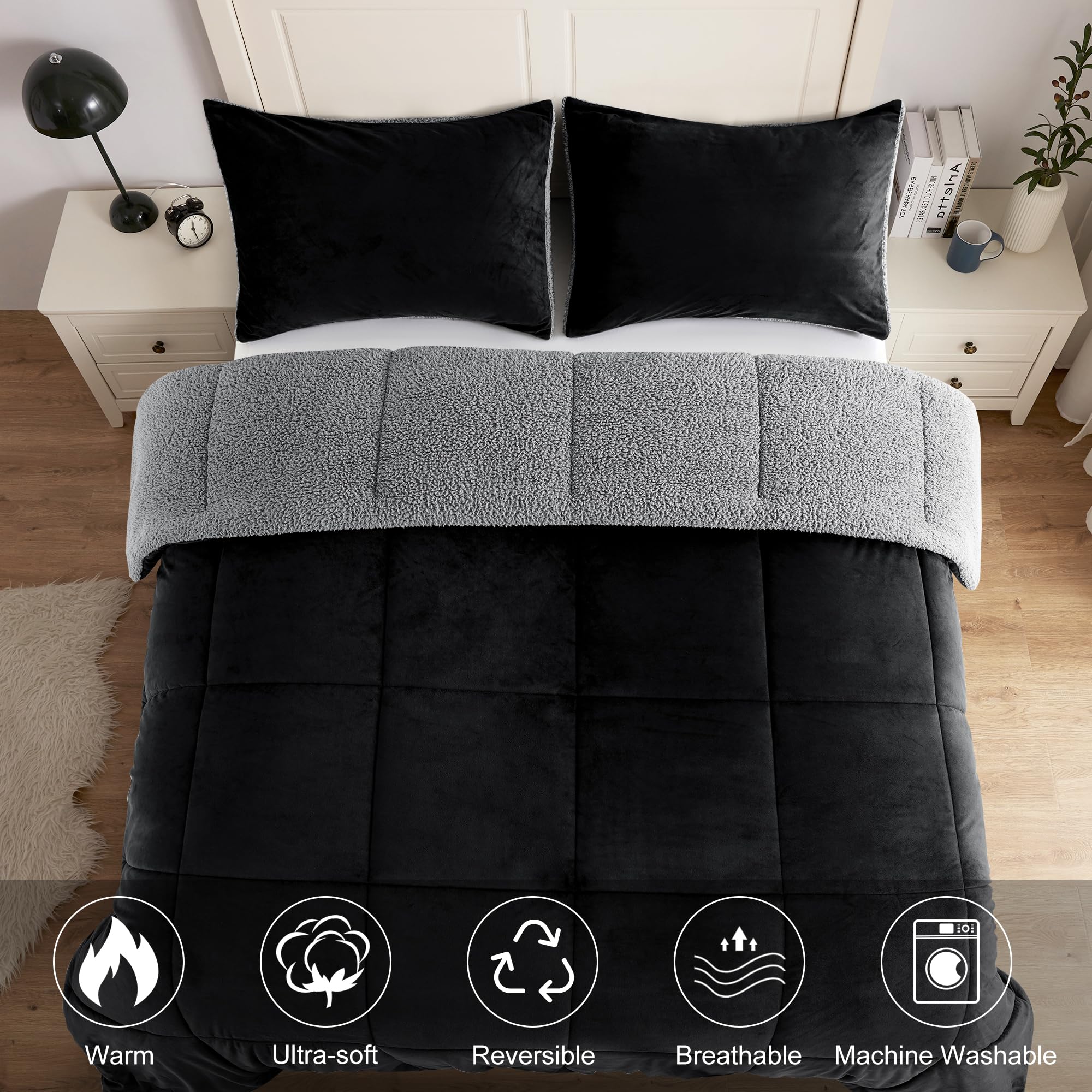 **BEDHOURS Queen Comforter Set - Ultra Soft Micromink & Sherpa Reversible Comforter with 2 Pillowcases - Plush Down Alternative Bedding for Winter Warmth (Black, Queen Size) - Perfect for Cozy Nights & Cold Weather**