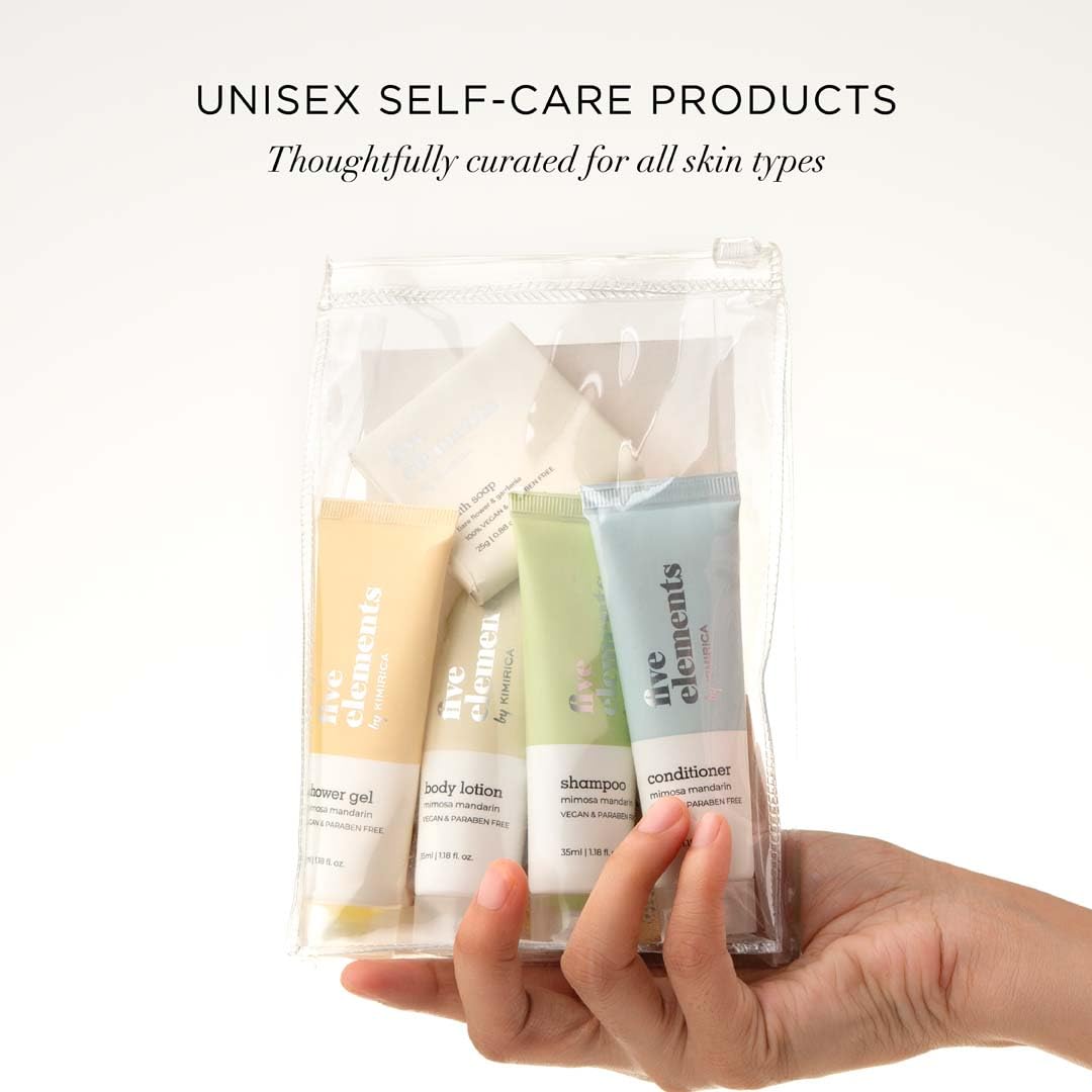 Kimirica Luxury Travel Kit - 6-in-1 Vegan Bath & Body Care Set with Reusable Pouch | Five Elements Aromatherapy Essentials for Vacation, Business Trips & Gifts