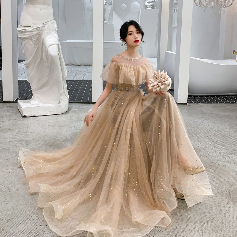 Elegant Off Shoulder A-Line Tulle Prom Dress in Shiny Khaki - Formal Evening Gown for Homecoming, Quinceañera & Special Occasions