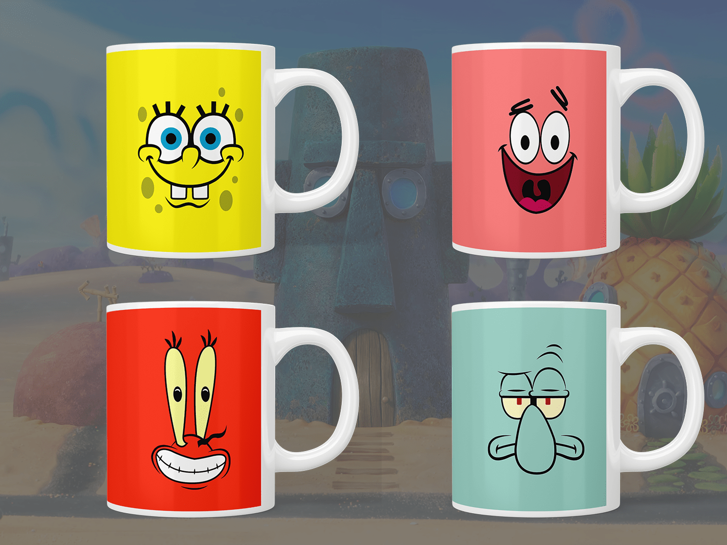 SpongeBob SquarePants Coffee Mugs Set of 4 - Fun Cartoon Character Ceramic Cups for Hot & Cold Drinks - Perfect for Home, Office, or Gifts