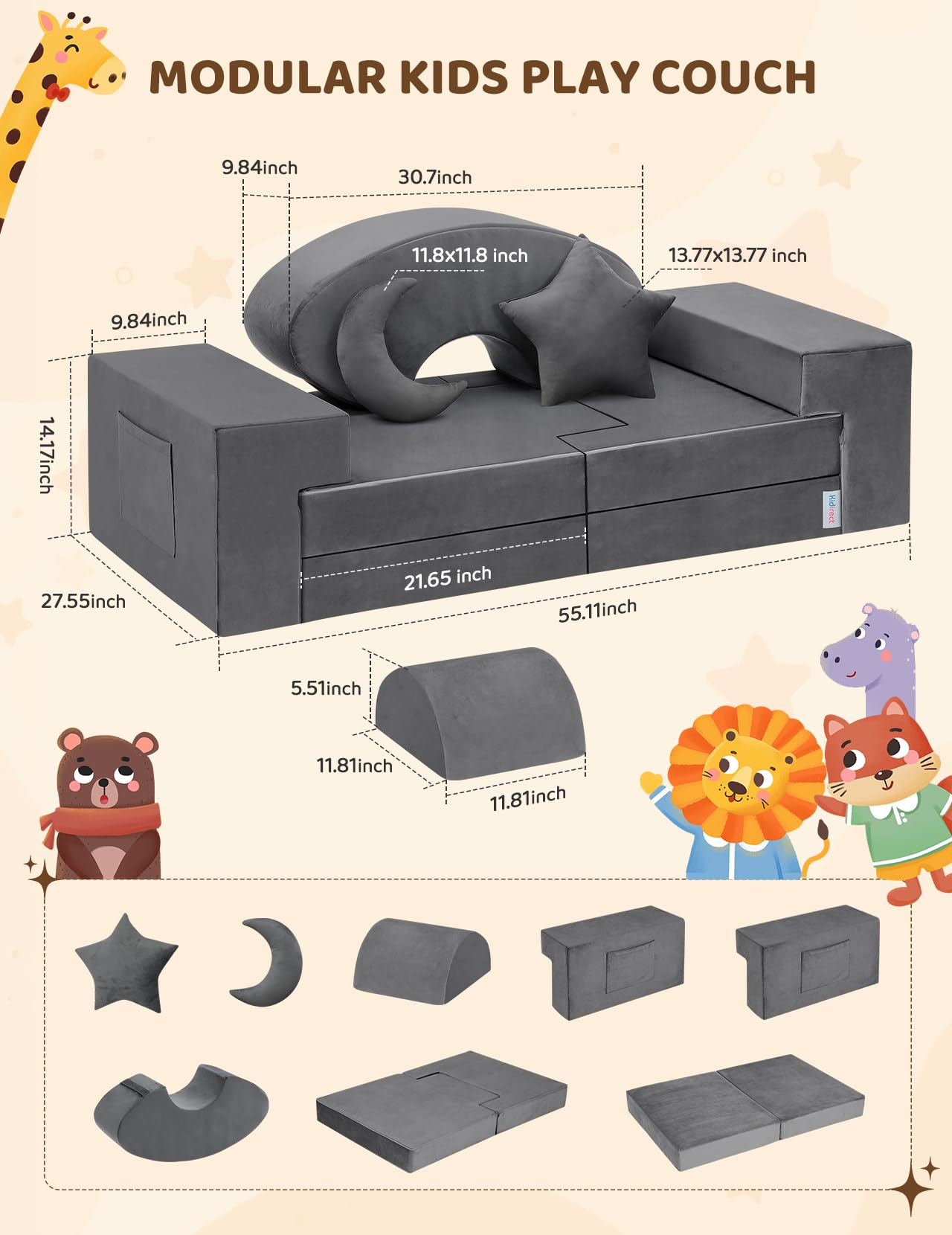 Kidirect Modular Kids Play Couch - K12 PRO 400+ DIY Creative Foam Sofa for Playroom & Toddler Activities | Upgraded Convertible Rocking Horse & Building Fort with Star Moon Design (Grey) | Perfect for Indoor Play, Learning & Imagination Development