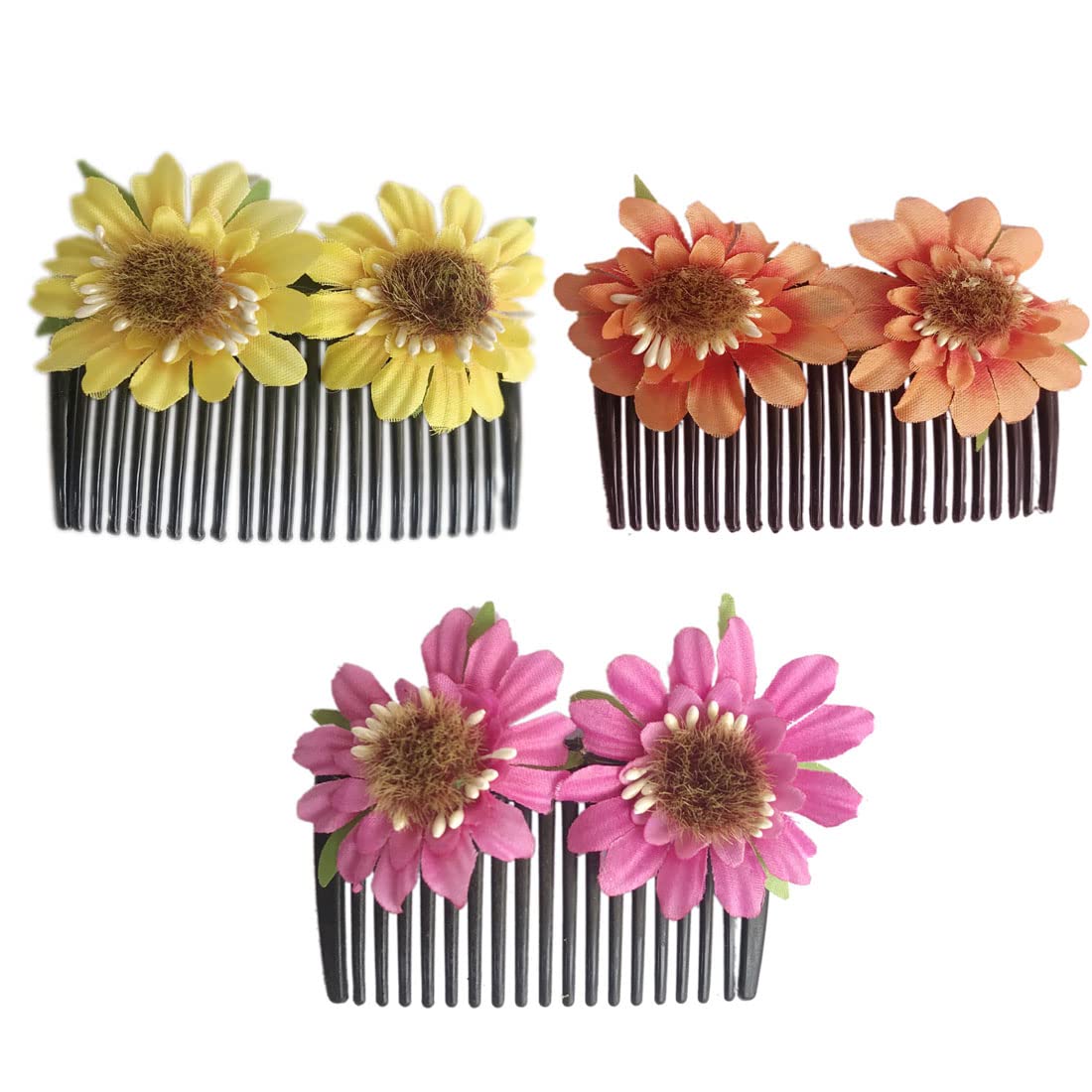 Gadinfashion™ Artificial Flower Hair Side Comb - Juda Comb for Women & Girls | Multicolor Pack of 3 | Perfect for Weddings, Parties & Everyday Hair Accessories