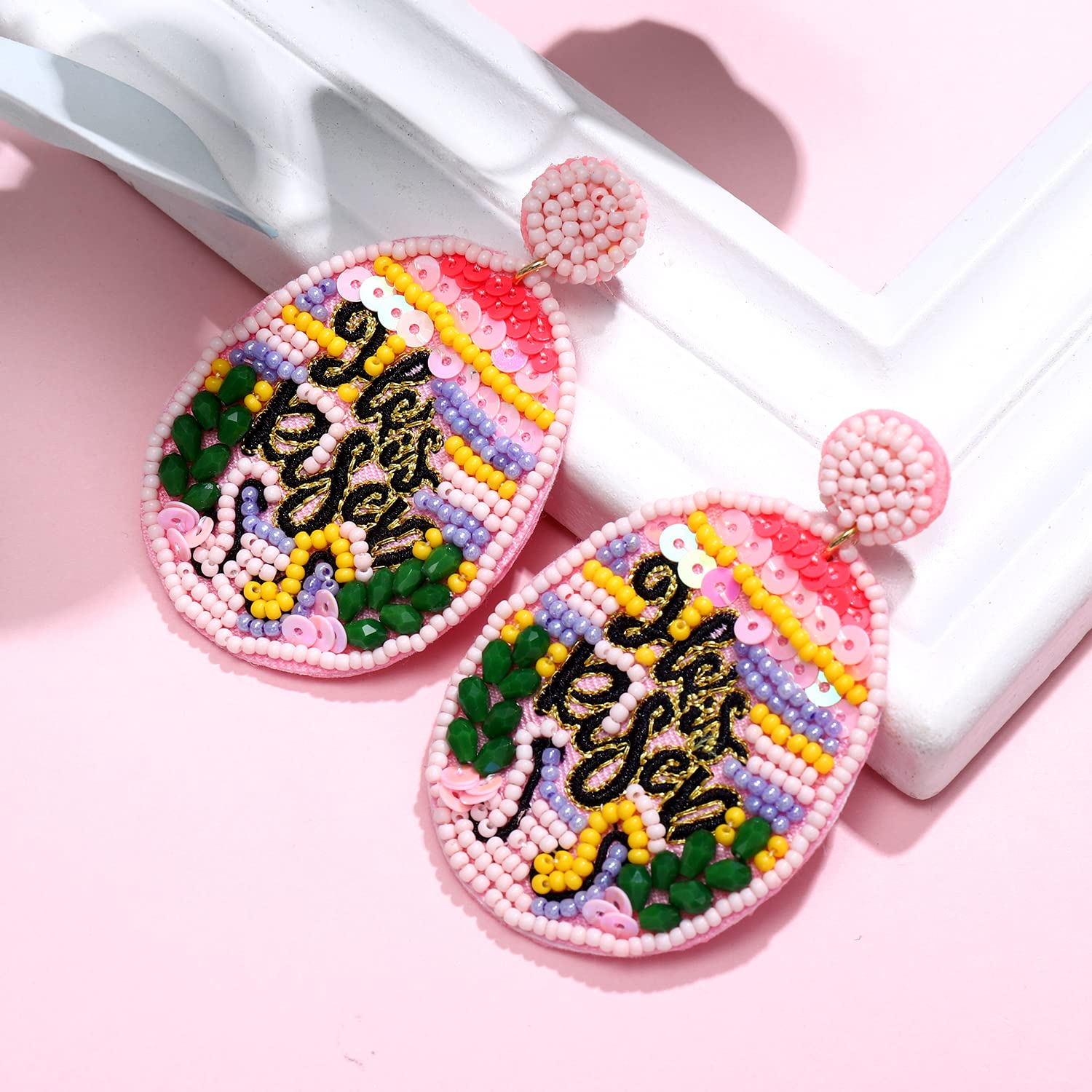 Easter Earrings for Women - Colorful Beaded 'He Is Risen' Dangle Earrings with Sequins & Egg Charm - Spring Holiday Jewelry Gift (Green) - Perfect for Easter Sunday Church, Spring Parties & Festive Celebrations