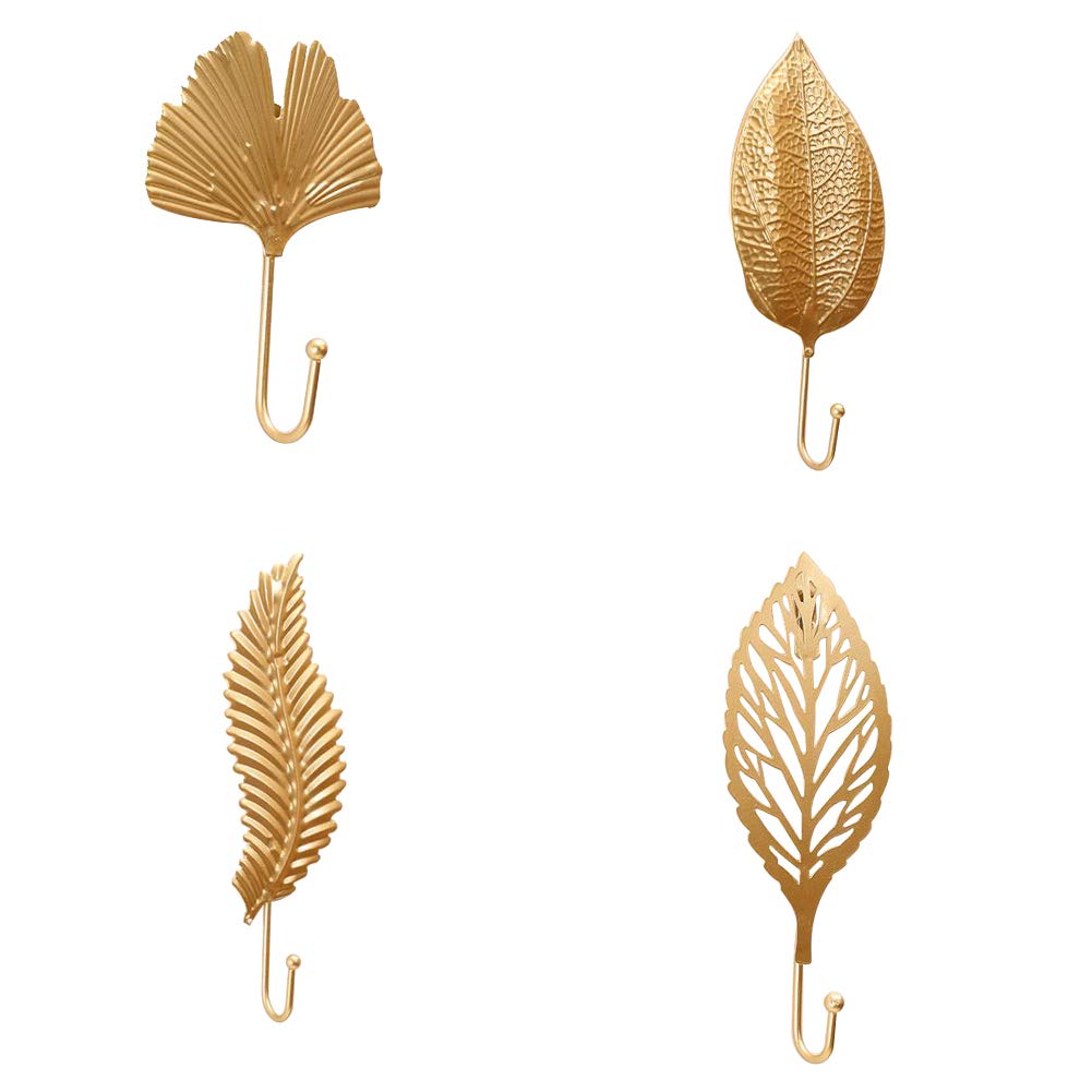 Nordic Metal Leaf Wall Hooks - Golden Maple Leaf Decorative Hooks for Home & Model House (7 Inch, Set of 4) - Perfect for Hanging Coats, Keys, Towels in Living Room, Bedroom or Entryway