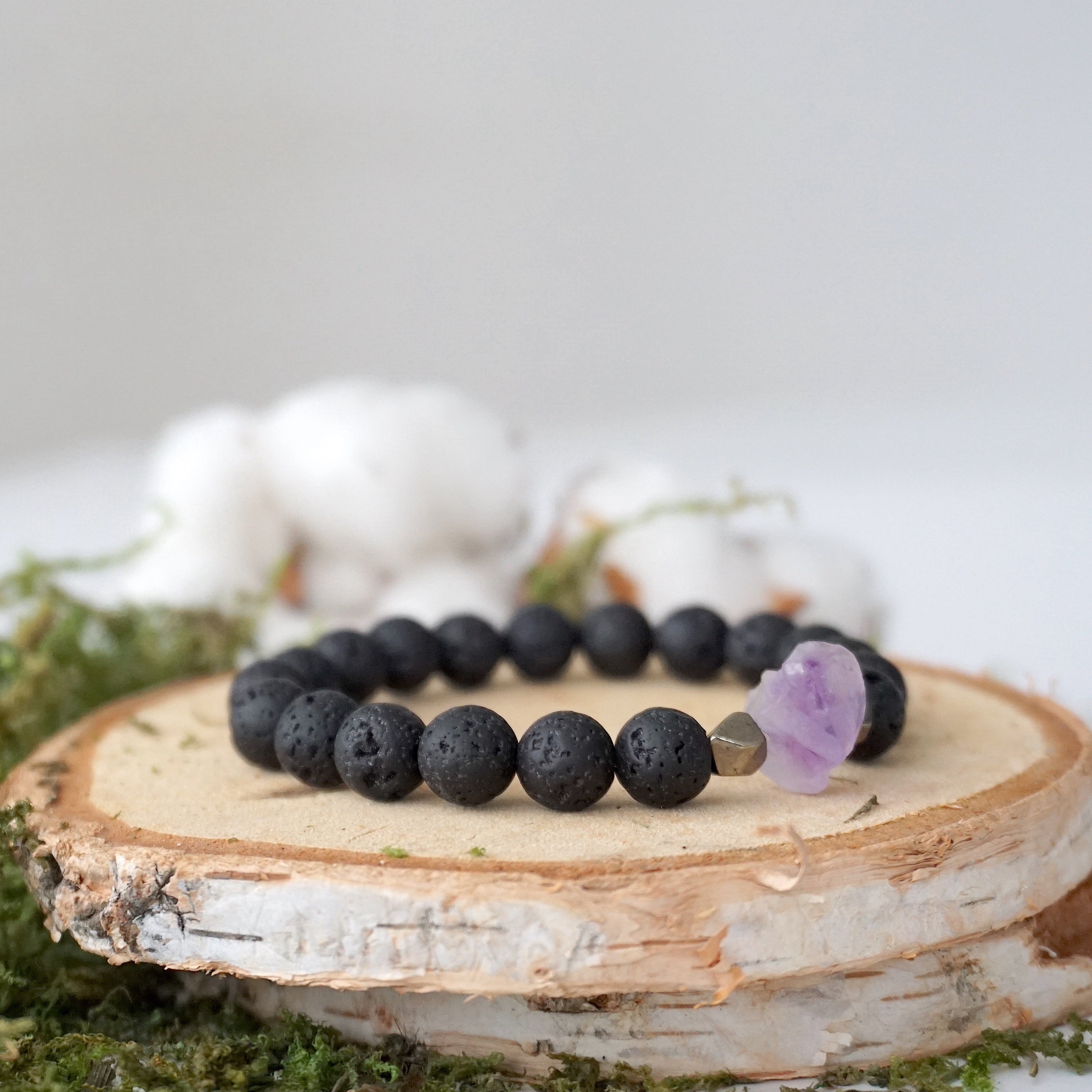 Natural Raw Amethyst & Black Lava Stone Beads Healing Crystal Mala Bracelet for Meditation, Yoga & Spiritual Protection | Handmade Gemstone Jewelry Gift