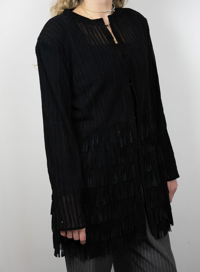 Black Suede Fringe Caban Romantic Spolverino Coat Size 44 - Perfect for Date Nights & Winter Fashion