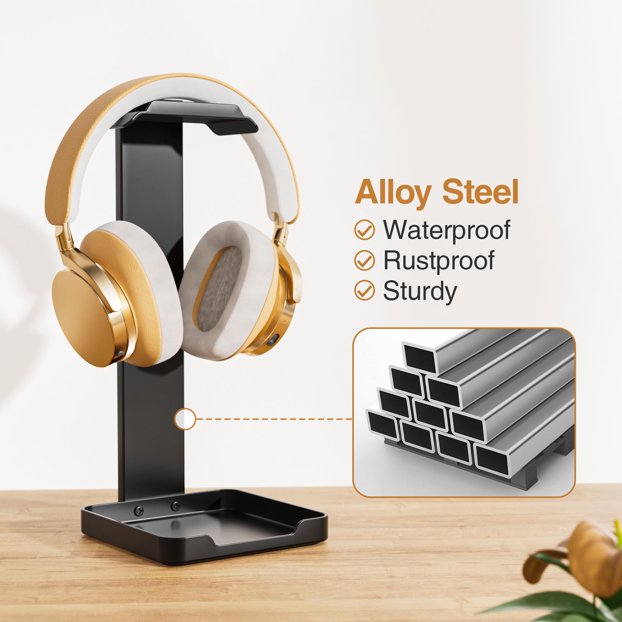 Premium Metal Headphone Stand with Non-Slip Base & Storage Tray - Sturdy Headset Holder for Gaming, Office & Home Use - Universal Fit for All Headphones (Black)