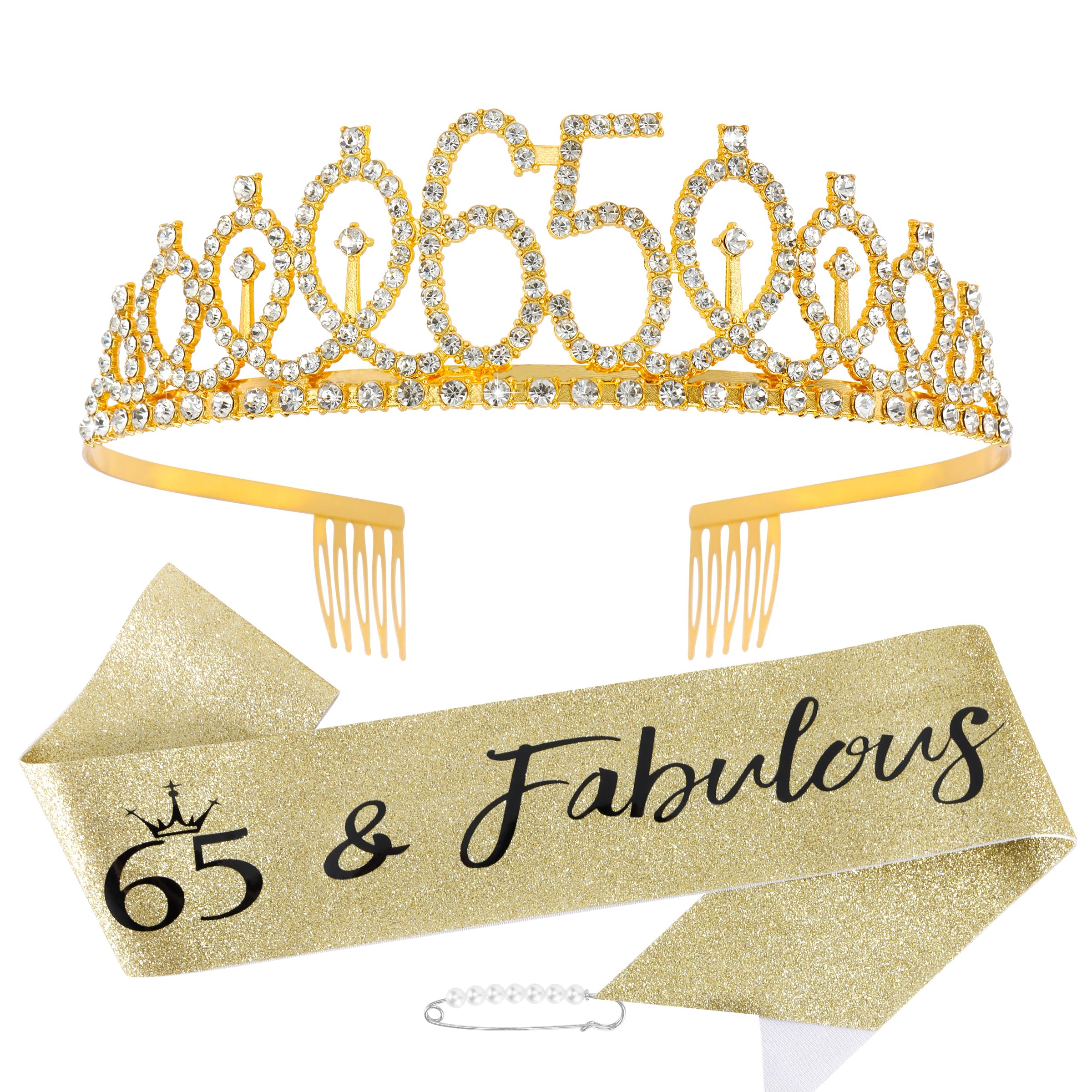65th Birthday Sash & Tiara Set - Gold Rhinestone Crown & 