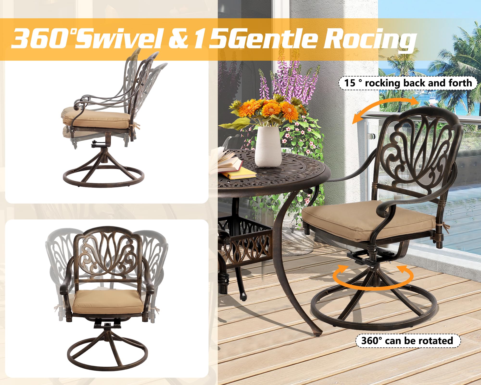 TITIMO 2-Piece Outdoor Patio Dining Chair Set - Cast Aluminum Swivel Rocker Bistro Chairs with Khaki Cushions - Antique Bronze Garden Furniture for Deck, Backyard & Poolside Relaxation
