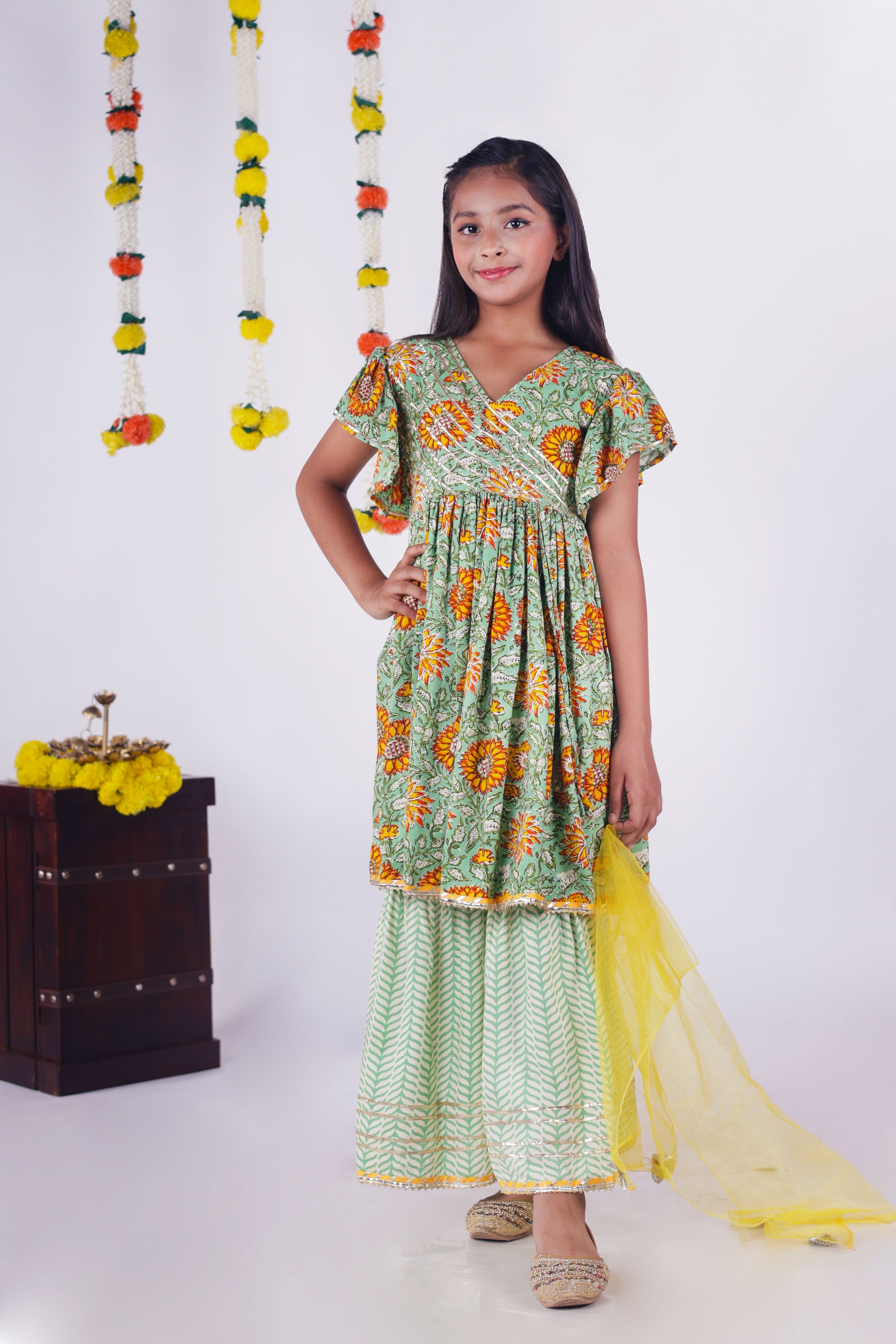 Elegant Dark Green Angrakha Kurta with Gota Embellishments, Sharara & Dupatta Set | Traditional Indian Ethnic Wear for Festivals, Weddings & Special Occasions