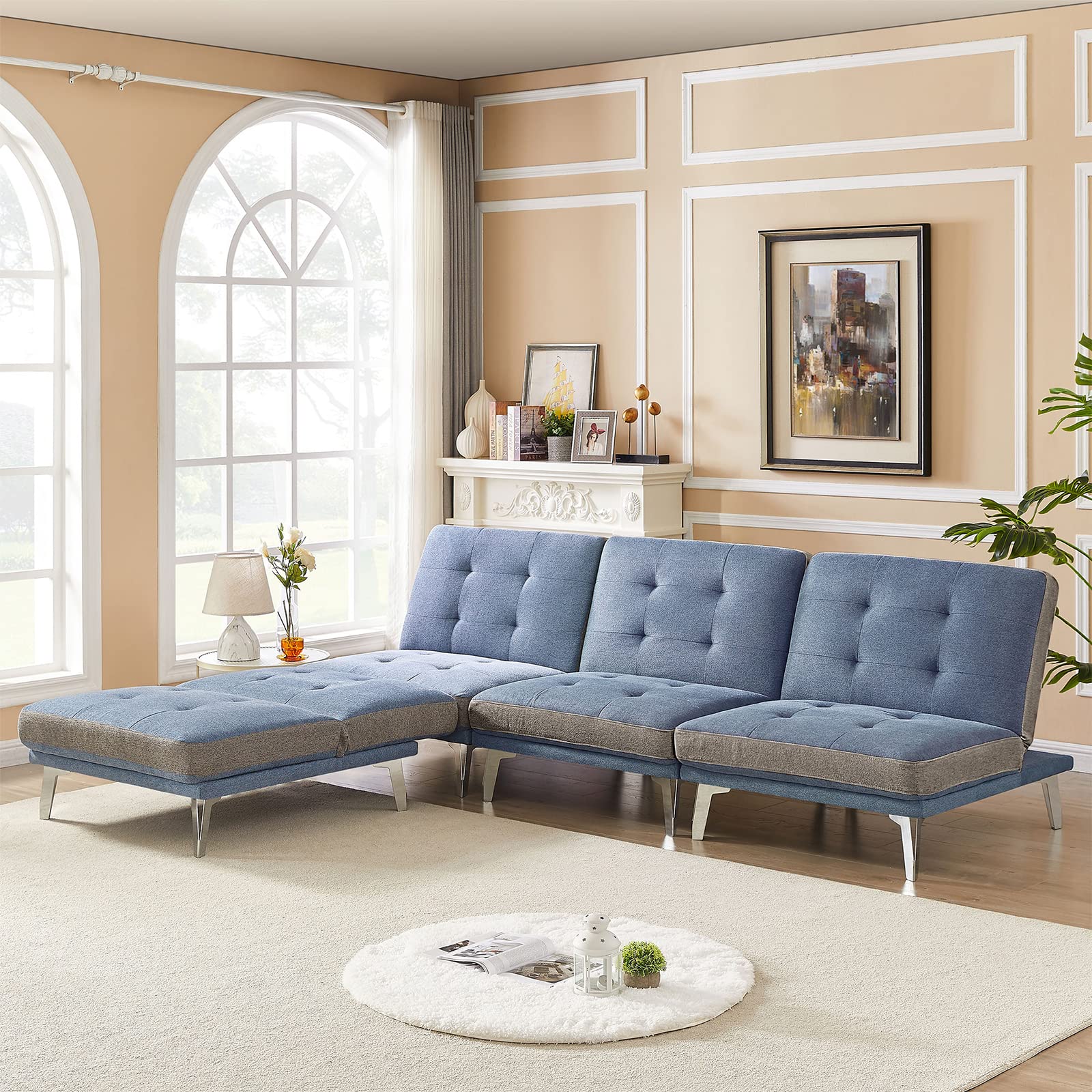 KIVENJAJA Modular Sectional Sofa Bed - Convertible L-Shaped Sleeper Sofa with Tufted Polyester Fabric, Reclining Loveseat & Storage Pillows - 4-Seater Futon Couch with Metal Legs for Living Room, Apartment, Dorm (Blue)