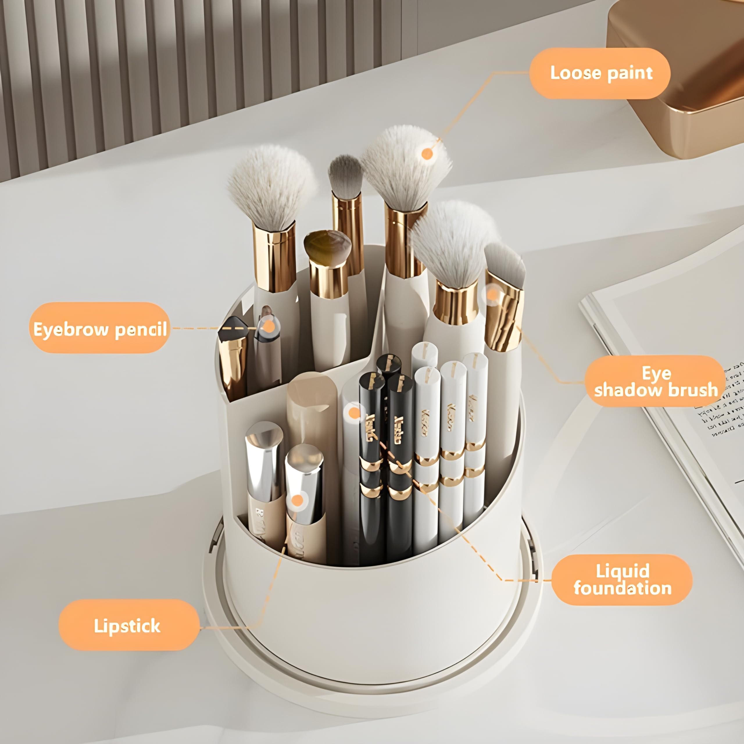HOOPVOOL® 360° Rotating Makeup Brush Holder with Lid - Multifunctional Organizer for Nail Polish, Perfume, Lipstick, Pens, Pencils & Paint Brushes - Perfect for Vanity, Dressing Table & Beauty Station Storage (Grey)