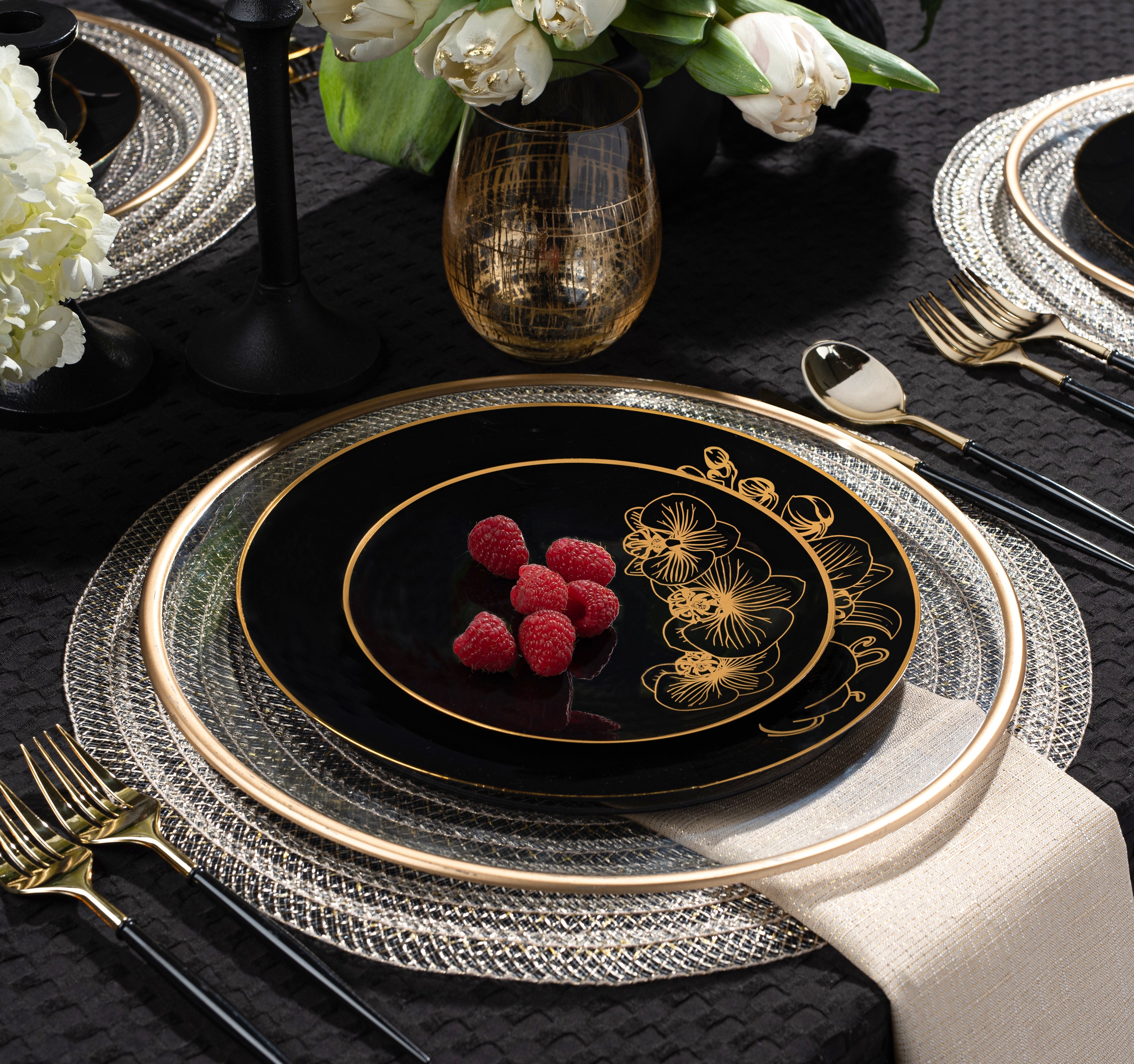 Elegant Black and Gold Round Plastic Plates - 12-Pack Disposable Dinnerware for Parties, Weddings & Events - Orchid Floral Design - Perfect for Indoor & Outdoor Gatherings