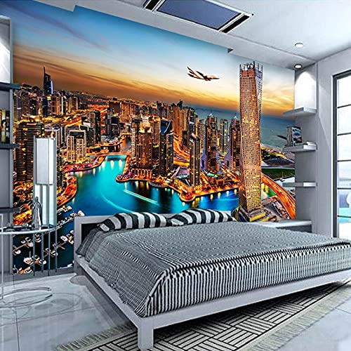 Custom Dubai City Night View 3D Mural Wallpaper - 450x300cm Self-Adhesive Wall Decal for Living Room, Bedroom & TV Background | Home Decor, Office, Commercial Space