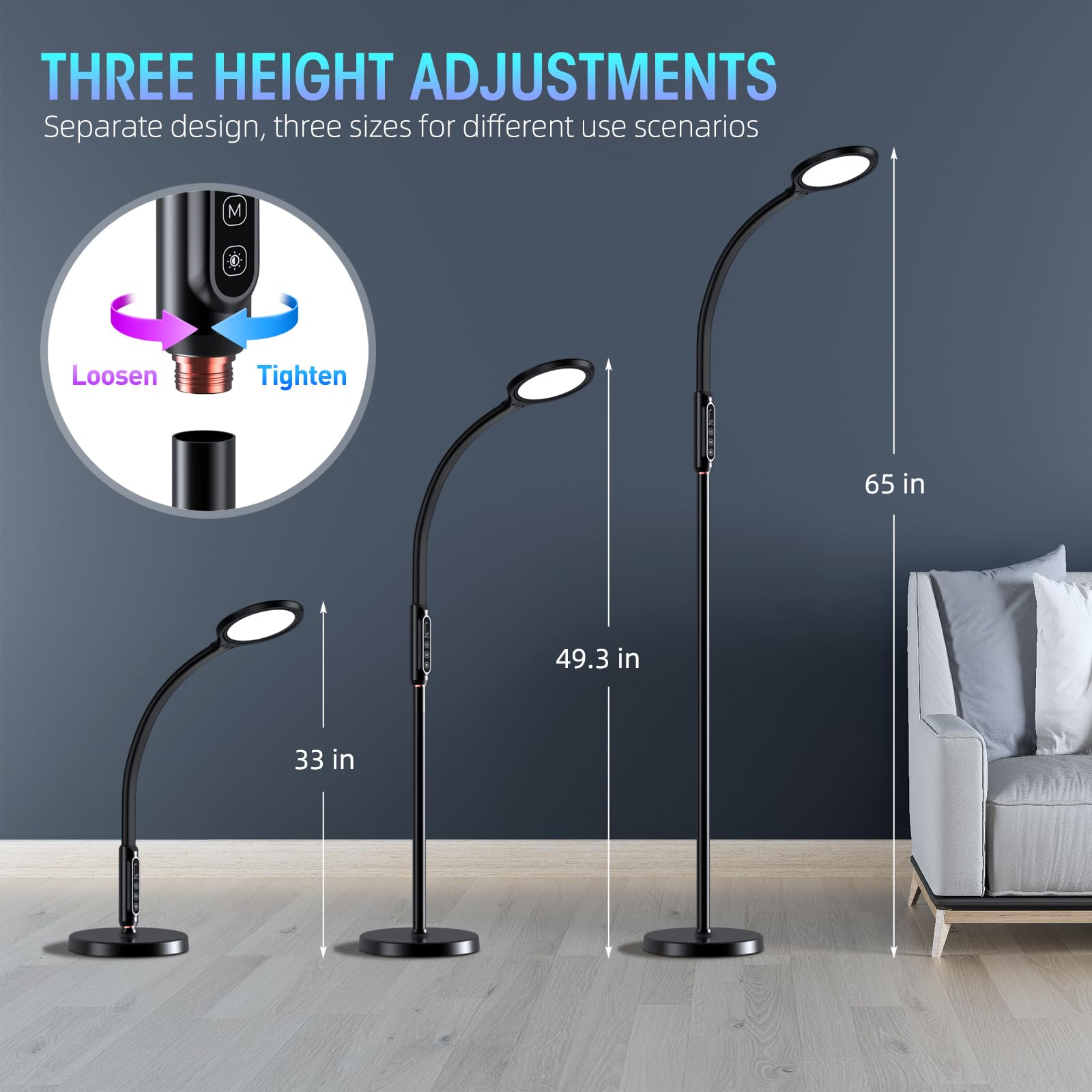 Happy Light Therapy Lamp 11000 Lux - UV-Free Full Spectrum LED Sunlight Lamp with 10 Brightness Levels, 2-in-1 Retractable Floor/Desk Lamp for SAD, Seasonal Depression & Vitamin D - Black (Ideal for Home, Office & Winter Use)