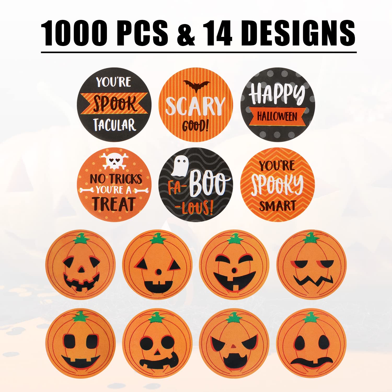AIEX 1000pcs Halloween Stickers - 1 Inch Round Pumpkin Labels, Cute Halloween Party Stickers for Kids Decorations, Trick or Treat Favors, Scrapbooking & DIY Crafts