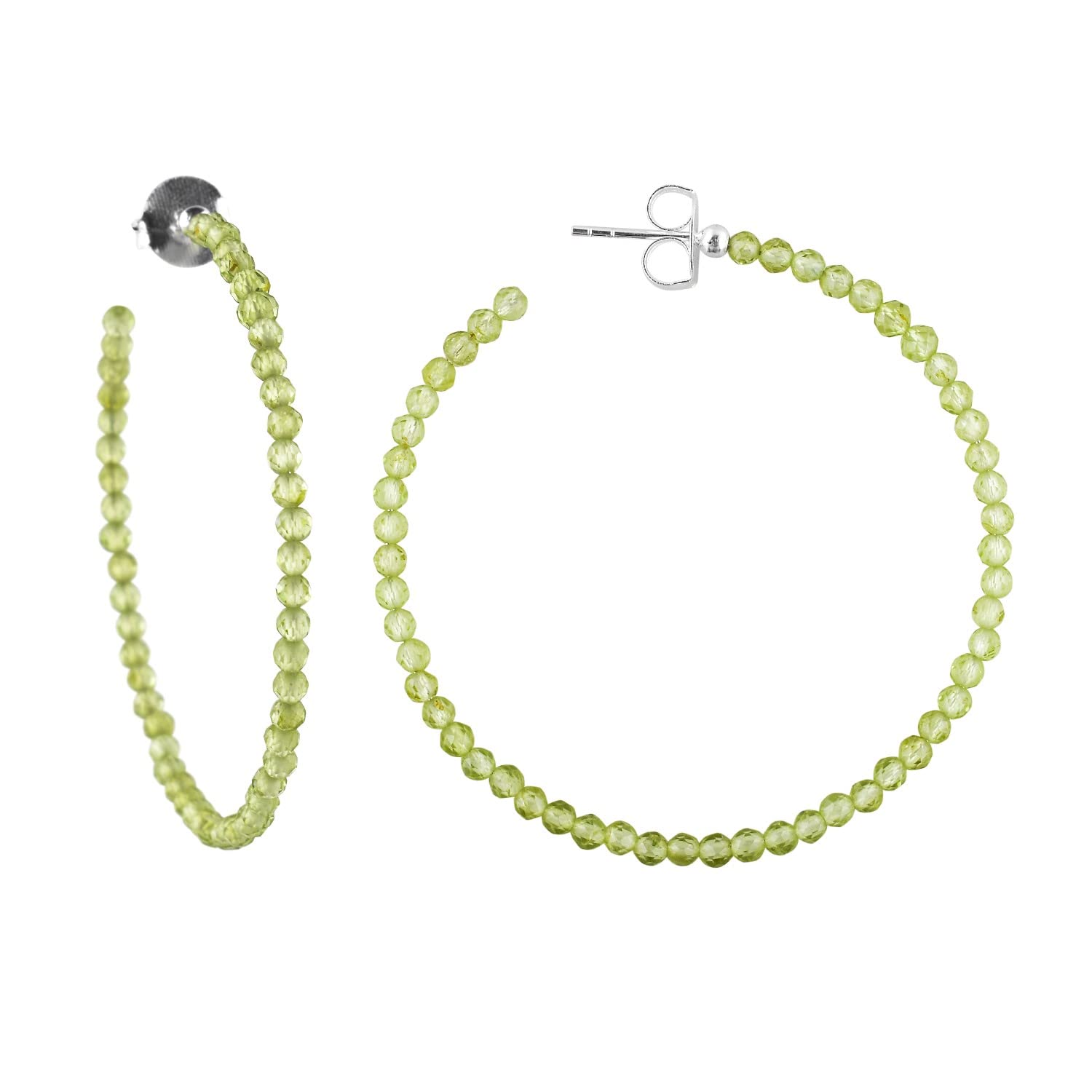 Natural Peridot Crystal Stone Beads Dainty Big Hoop Dangle Earrings for Women - August Birthstone Handmade Jewelry Gift for Mom, Wife, Girlfriend - Silver Plated Hoop Earrings for Anniversary, Birthday, Wedding & Special Occasions