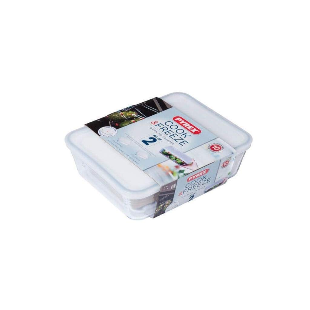 Pyrex Cook & Freeze Set of 2 Rectangular Food Storage Containers with Lids - 1.5L & 2.6L Extra Strong Borosilicate Glass - Oven, Microwave & Freezer Safe - Meal Prep, Leftovers & Baking - Clear