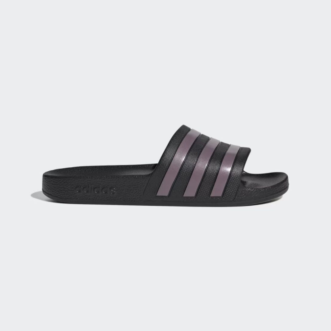 Adilette Aqua Slides for Men & Women - Comfortable Waterproof Pool Sandals (Core Black/Matt Purple Metallic) - Perfect for Beach, Pool, Gym & Shower Use