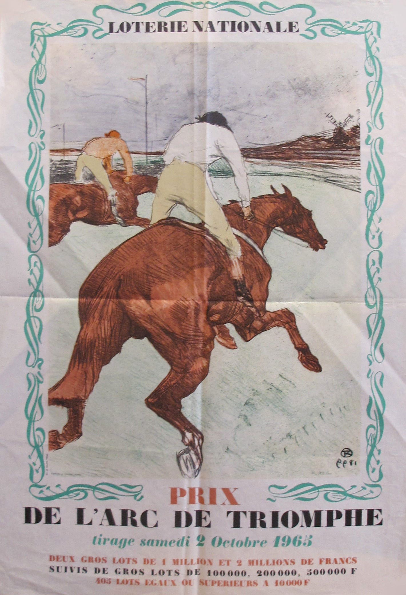 1965 Original French Vintage Poster - Loterie Nationale Advertisement, Prix de l'Arc de Triomphe October 2, 1965 by Henri de Toulouse-Lautrec | Rare Collectible Art for Home Decor, Office & Vintage Enthusiasts