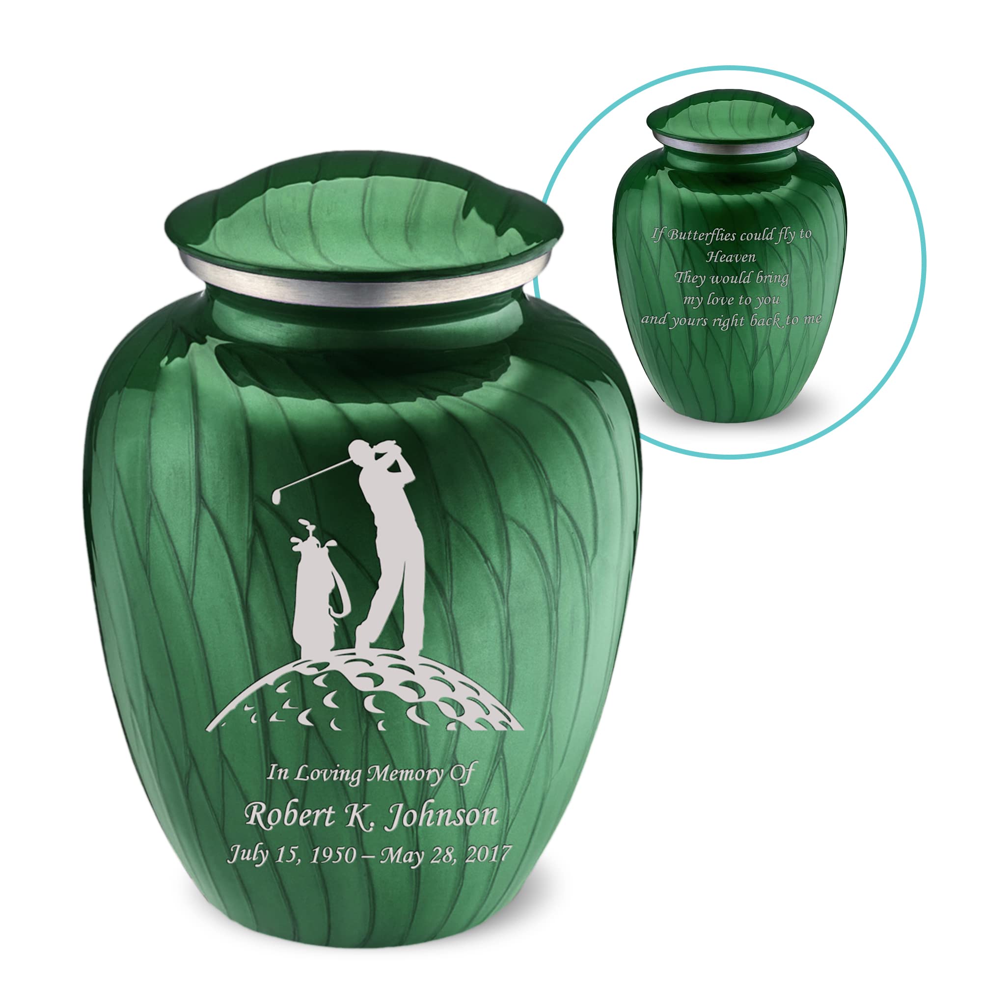 Personalized Golf Cremation Urn for Ashes - Large Pearl Green Funeral Urn for Men & Women with Double-Side Engraving (Holds 200 lbs) - Perfect for Memorials, Golf Enthusiasts & Funeral Services