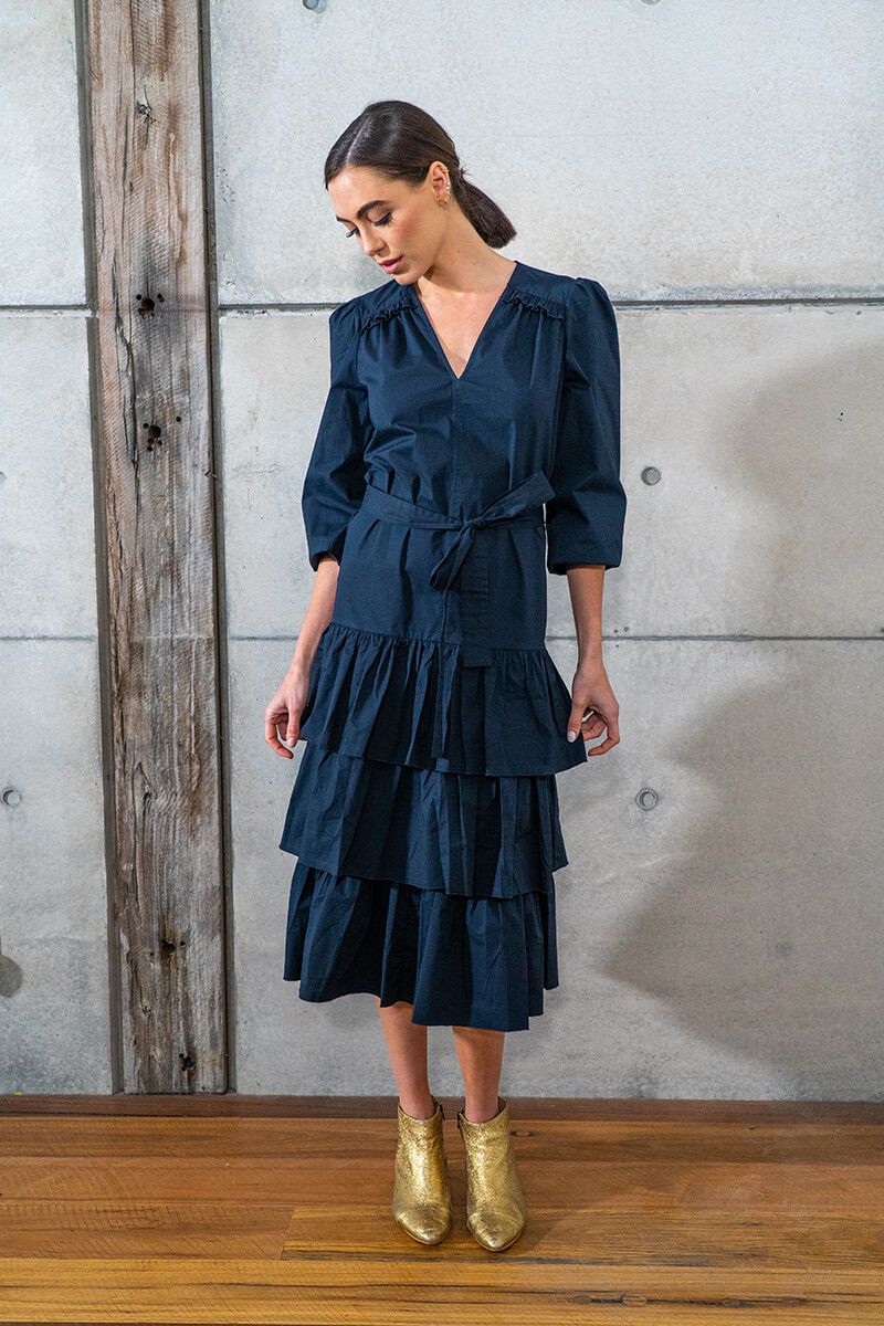 AM Hannah Midi Dress for Women - Navy Blue Flowy Summer Dress with Short Sleeves, Casual & Elegant Style | Perfect for Beach Vacations, Date Nights & Office Wear