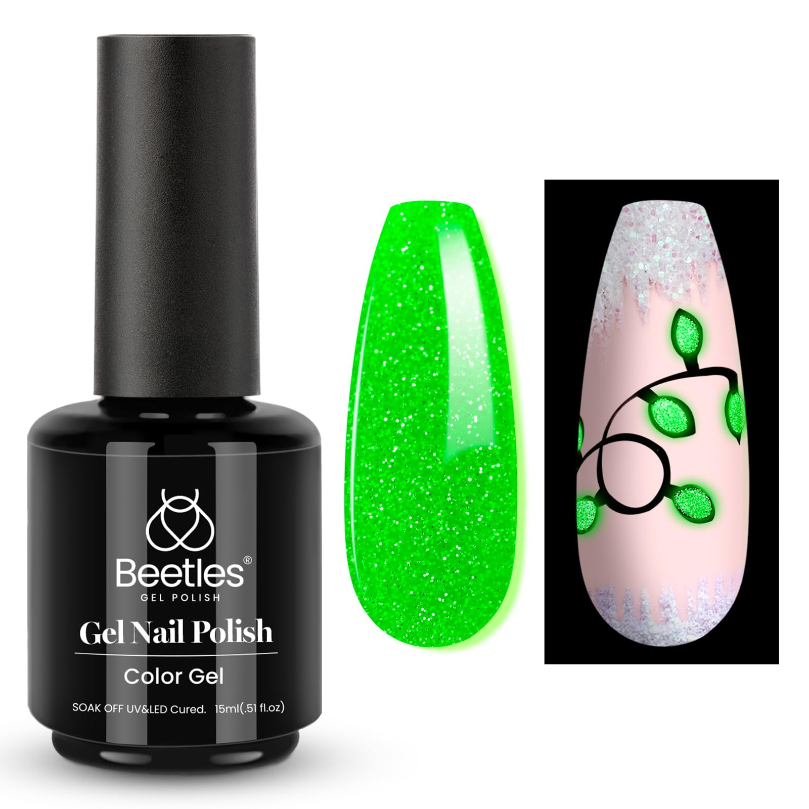 Beetles 15ml Glitter Green Glow in Dark UV LED Gel Polish - Soak Off Nail Art Gel for Halloween & Party Nights (Long Lasting, Salon Quality)