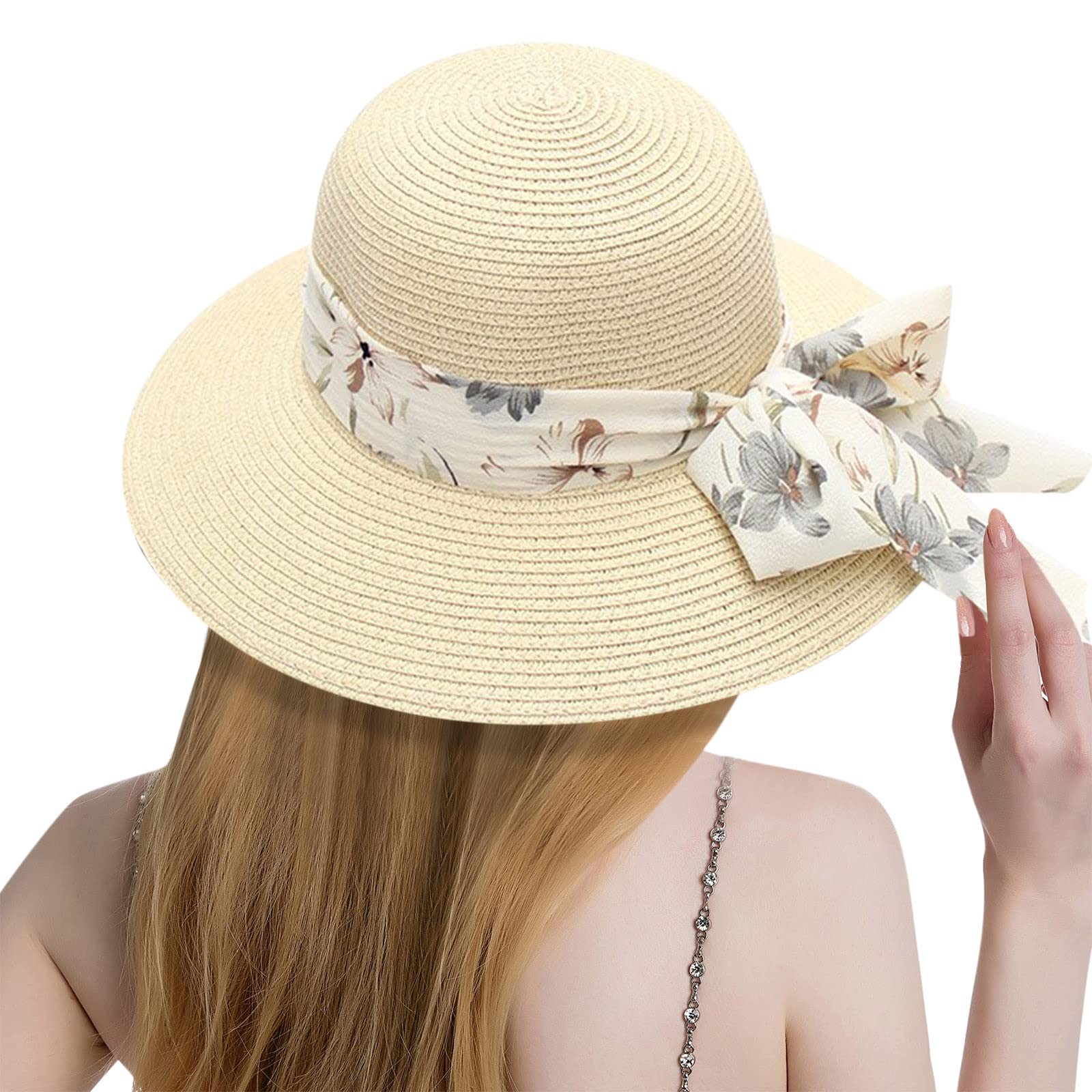 Foldable Straw Sun Hats for Women - Fashionable Wide Brim UV Protection UPF 50+ Packable Summer Beach Hat for Vacation, Travel & Outdoor Activities