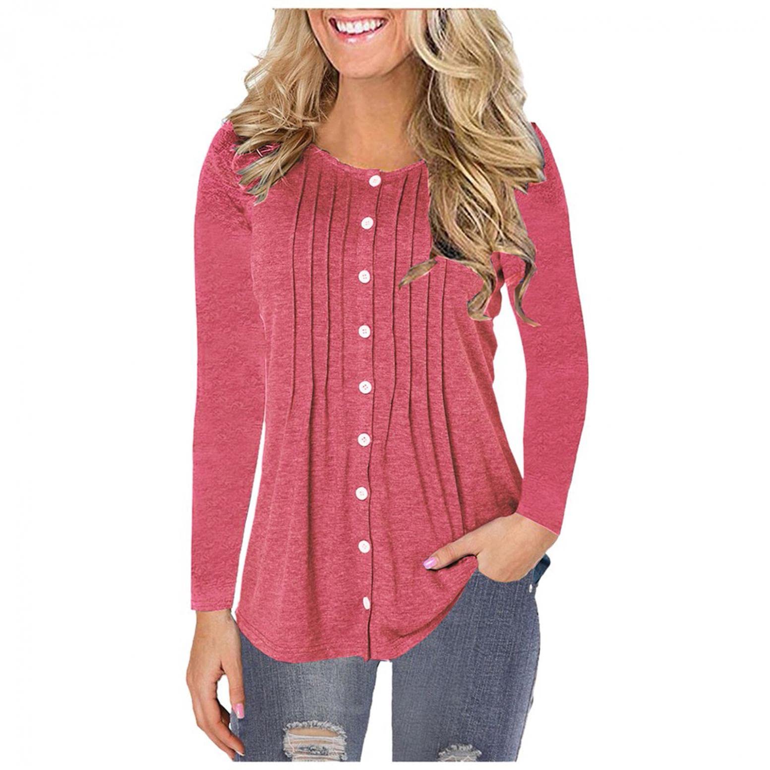 Women's Casual Long Sleeve Button Down Shirt - Round Neck Solid Color Tunic Blouse for Spring & Summer | Office Wear, Layering, Everyday Outfits