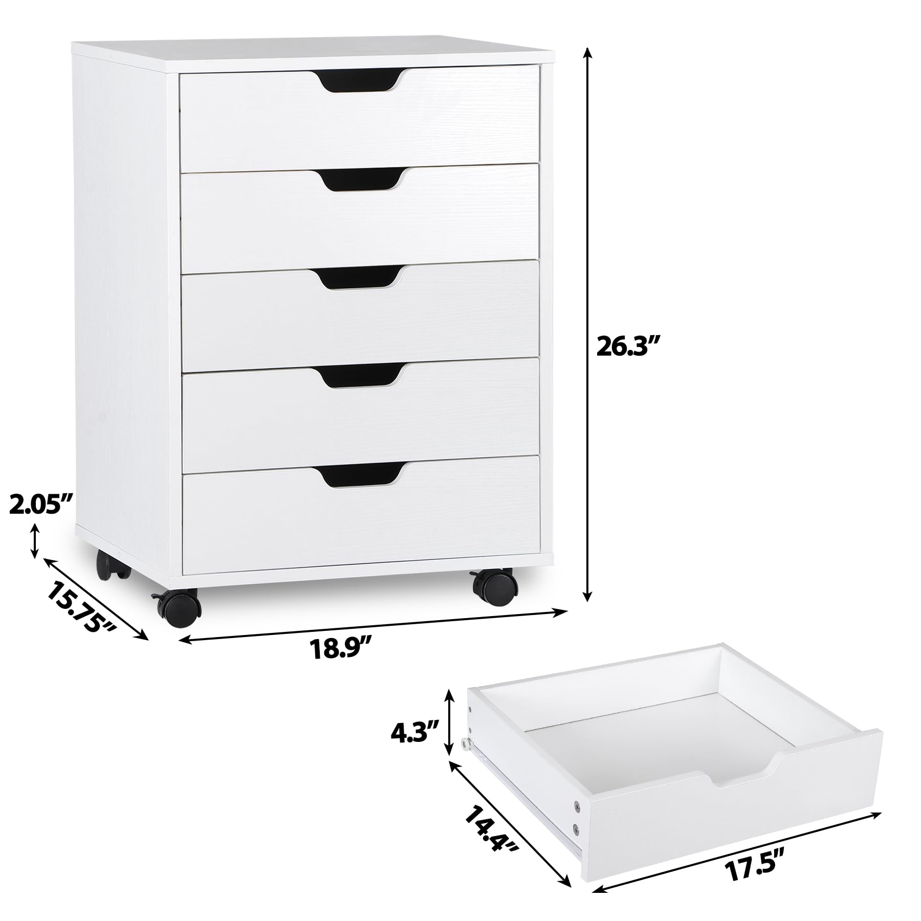 5-Drawer Mobile File Cabinet with Wheels - Under Desk Storage Organizer for Home Office, Small Rolling File Chest & Printer Stand - Modern White Office Furniture for Documents & Supplies (Large, NF0293) - Perfect for Home Offices, Small Spaces & Workspace Organization