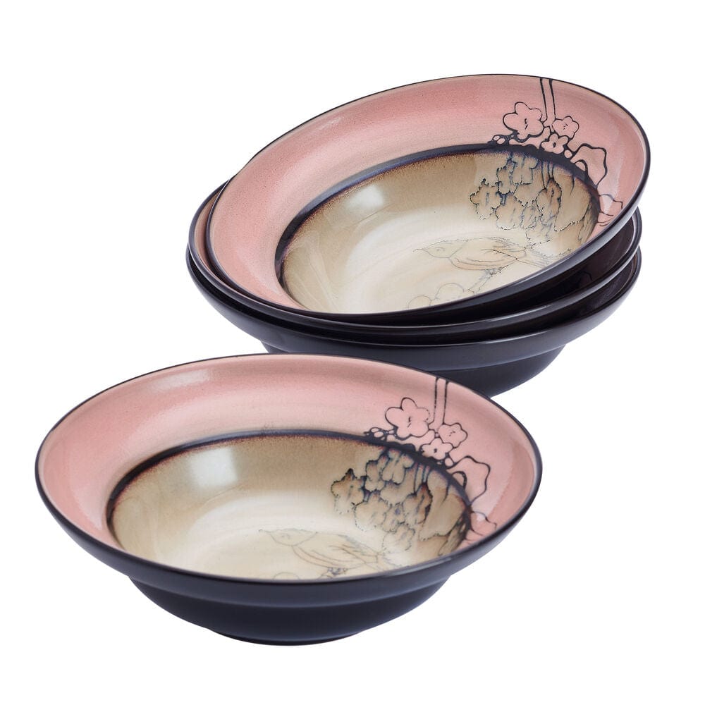 Song Bird Pink Set of 4 Soup and Cereal Bowls - Perfect for Breakfast, Lunch & Dinner - Microwave & Dishwasher Safe - Elegant Tableware for Home, Restaurant or Gift