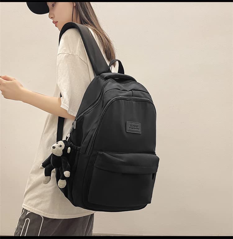 Stylish Preppy Backpack for Women & Men - Aesthetic College Backpack with Adorable Monkey Pendant - Travel & School Daypack Fits 15.6 Inch Laptop (Black, One Size) - Perfect for Campus, Commuting & Weekend Getaways
