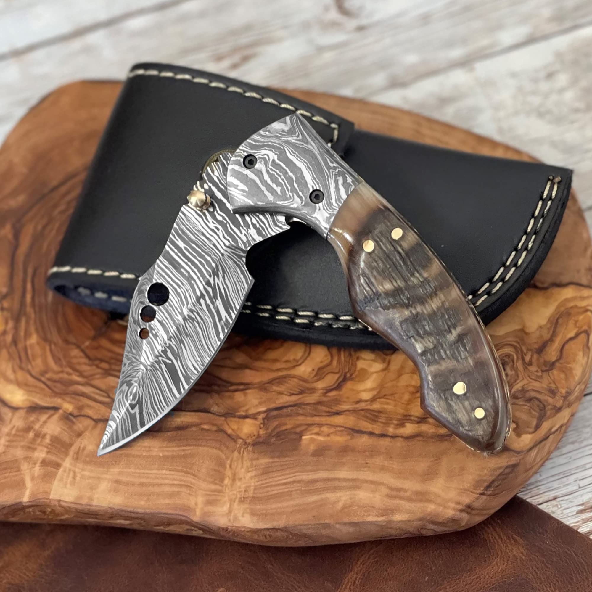 Premium Damascus Steel Folding Pocket Knife with Ram Horn Handle - 100% Handmade Men's Gift Knife with Leather Sheath - 7.5