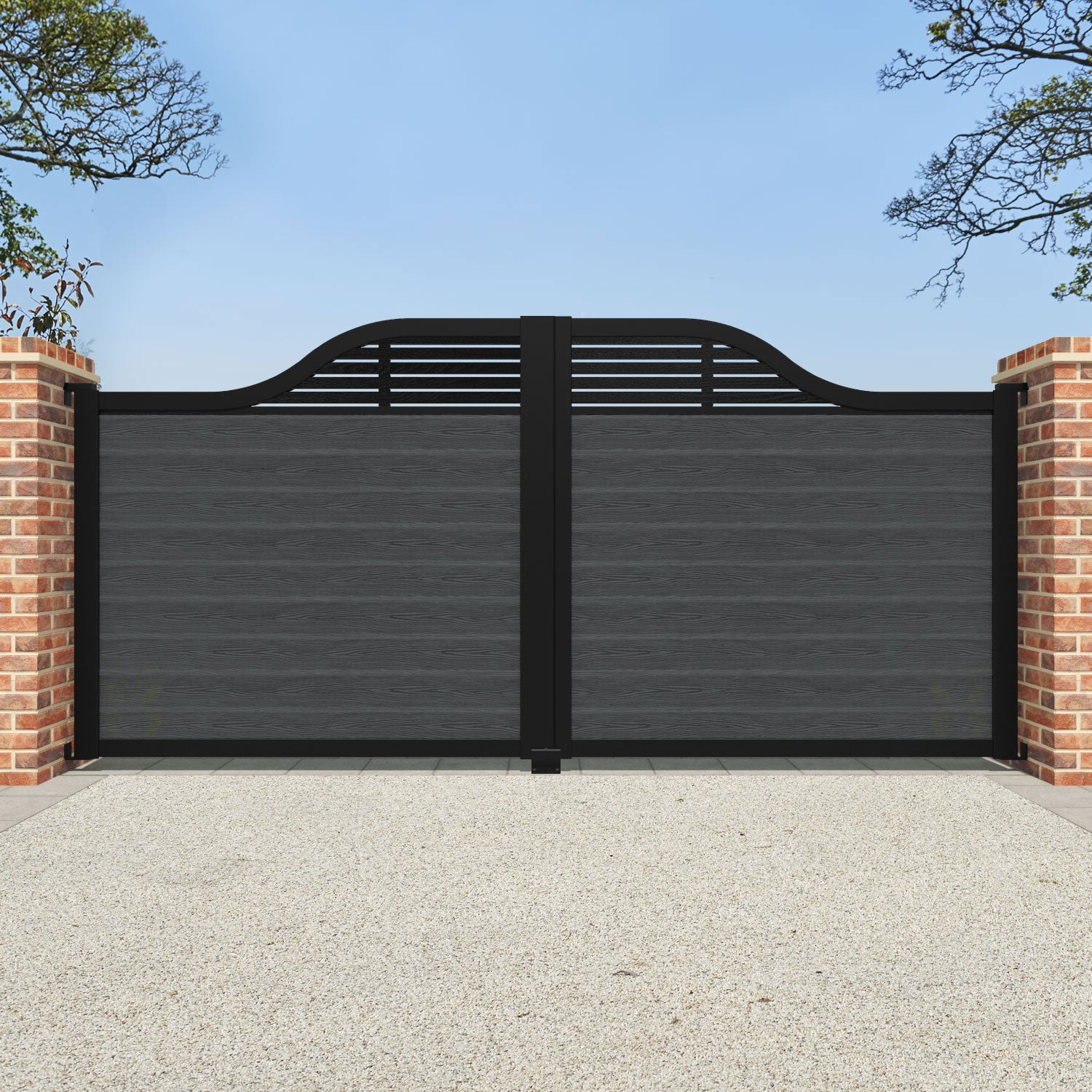 Classic Aspen Curved Top Driveway Gate - Dark Grey with Decorative Top Screen | Durable Outdoor Entryway Solution for Homes & Estates