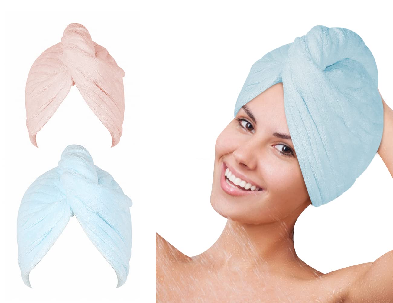 SYMGLIA Microfiber Hair Towel Wrap for Women - 2 Pack (Blue/Pink) - Soft Anti-Frizz Hair Turbans for Wet & Curly Hair - Quick Dry Hair Towel Wrap for Shower, Salon & Travel
