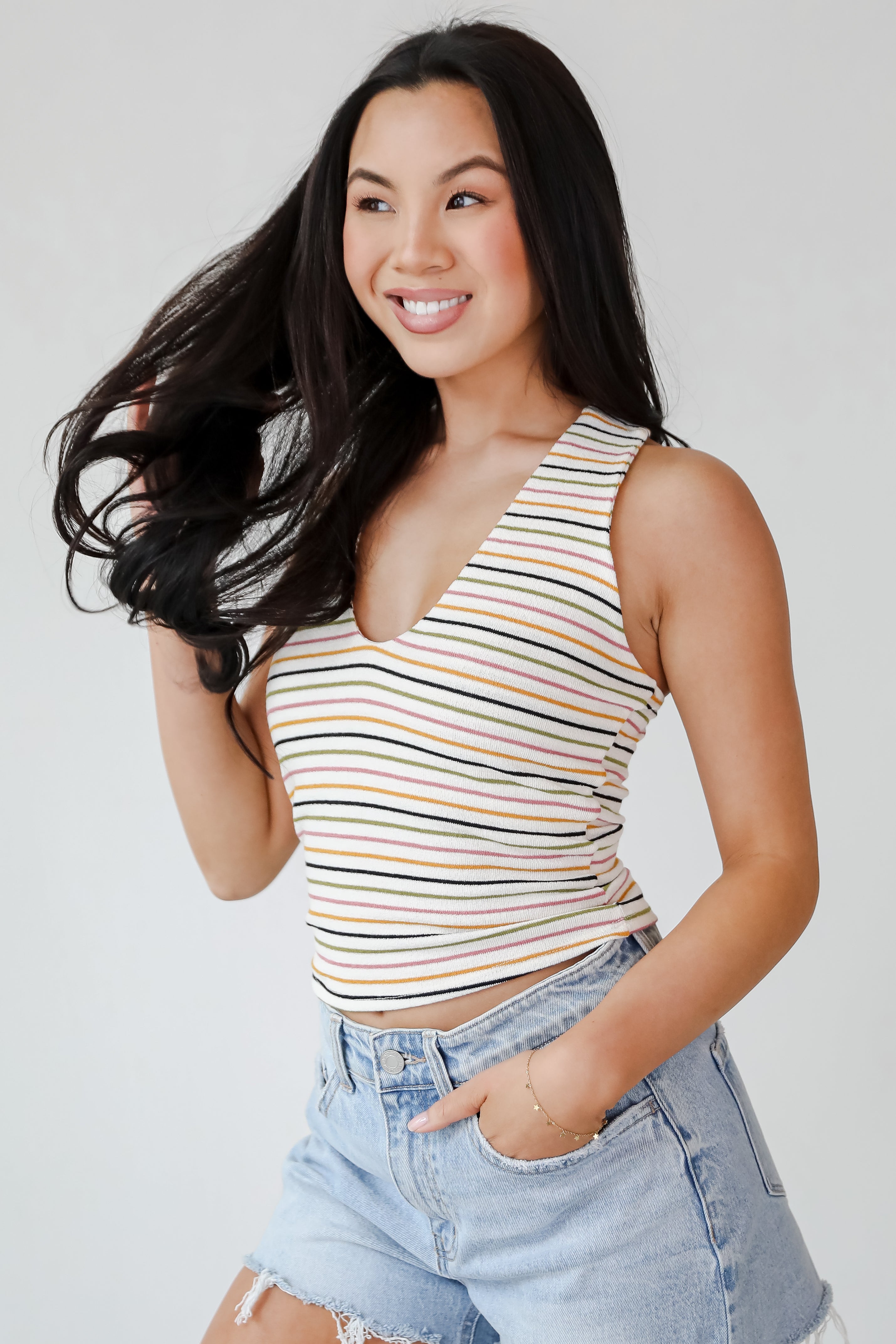 Beaming Perfection Ivory Striped Tank Top for Women - Soft Breathable Summer Casual Shirt - Perfect for Beach, Vacation & Everyday Wear