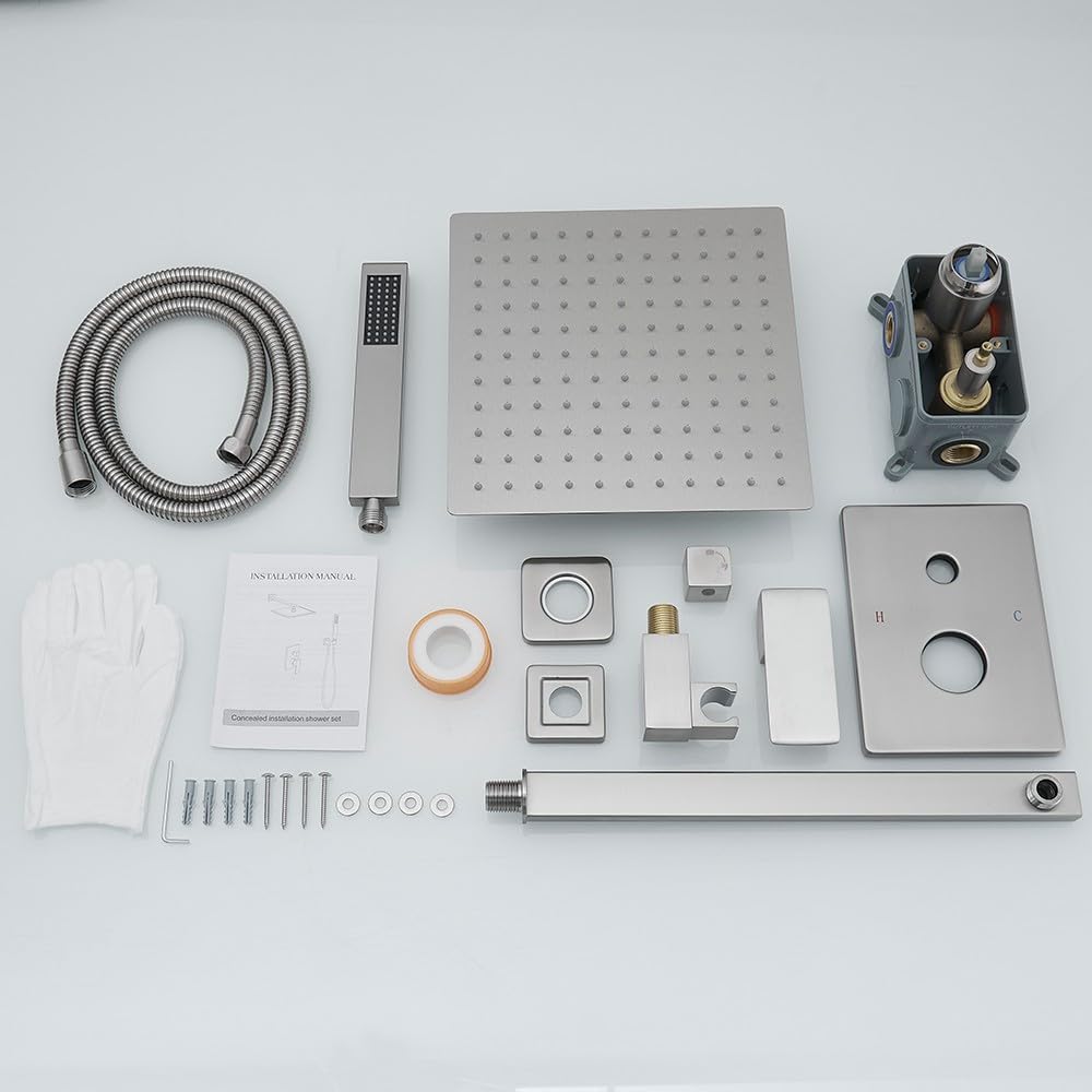 Luxury Brushed Nickel Rain Shower Combo Set - Wall Mounted Rainfall Shower Head System with Faucet, Rough-in Valve & Trim Kit | Perfect for Modern Bathroom Renovation & Spa-like Shower Experience