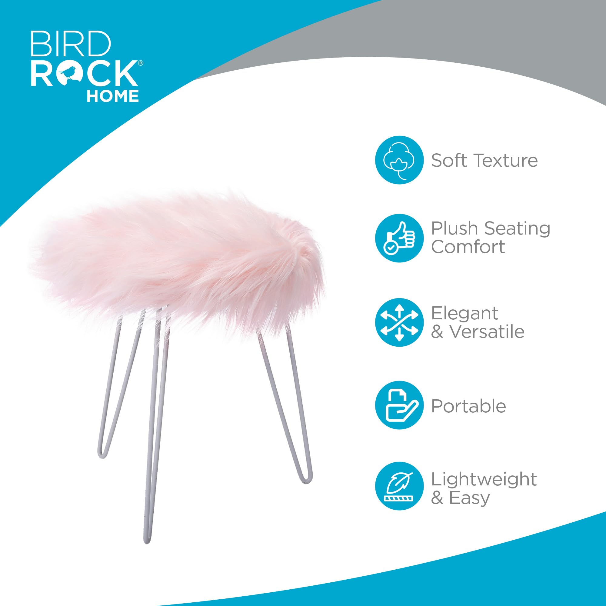 BIRDROCK HOME Round Faux Fur Foot Stool Ottoman with White Hairpin Legs - Soft Padded Vanity Seat Makeup Chair for Bedroom, Living Room & Kids Room - Cozy Pink Accent Furniture for Home Decor, Reading Nook & Dressing Area