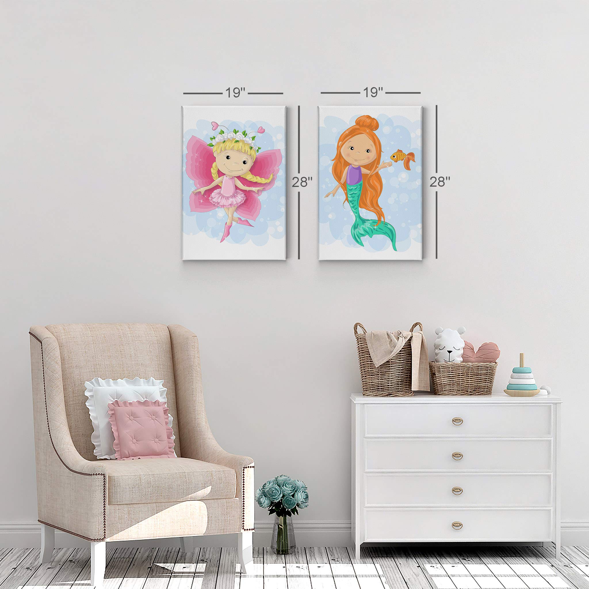Smile Art Design Cute Fairy and Mermaid Canvas Wall Art Set - 2 Panels (40x30 inches Each) for Kids Room, Nursery & Baby Room Decor - Made in USA | Perfect for Birthday Gifts & Bedroom Wall Decor