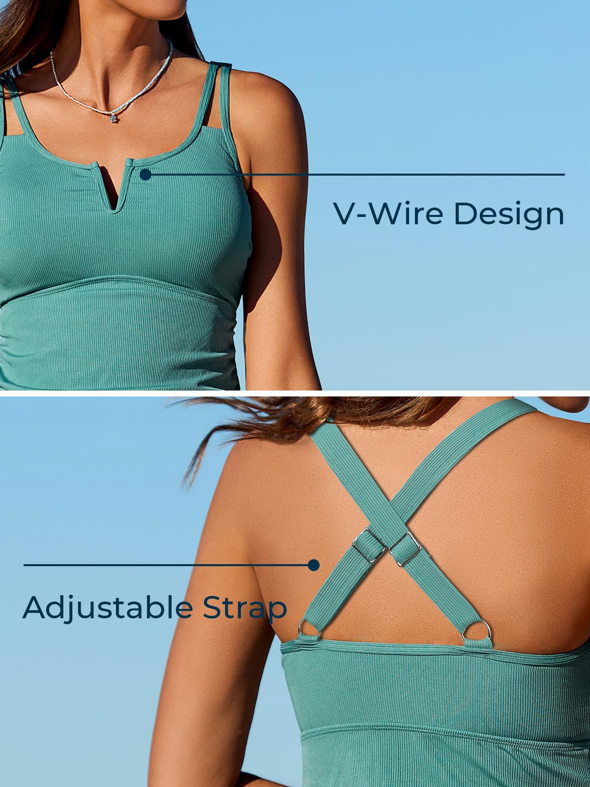 Women's Summer Mae Tankini Swimsuits - Ruched Two Piece Bathing Suit Top with Tummy Control & V-Wire Support | Round Neck Swimwear for Beach, Pool & Vacation