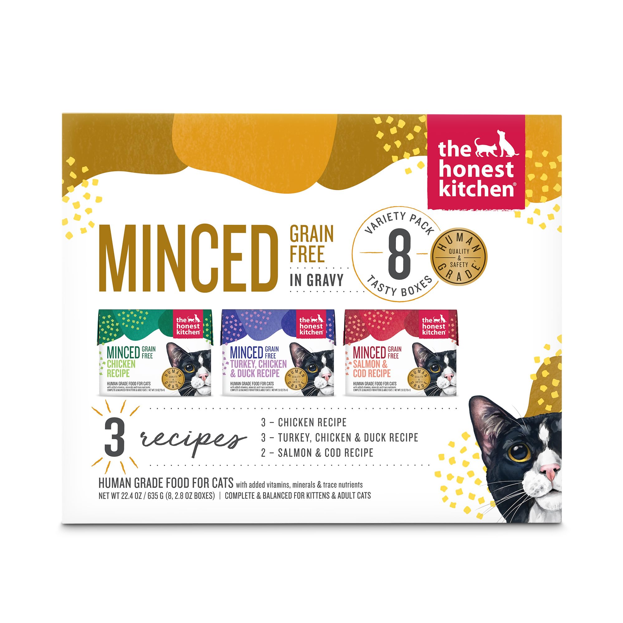 The Honest Kitchen Grain-Free Minced Wet Cat Food with Bone Broth Gravy - Variety Pack (8 x 2.8 oz) | High Protein, Natural Ingredients for Adult & Senior Cats | Perfect for Picky Eaters & Digestive Health