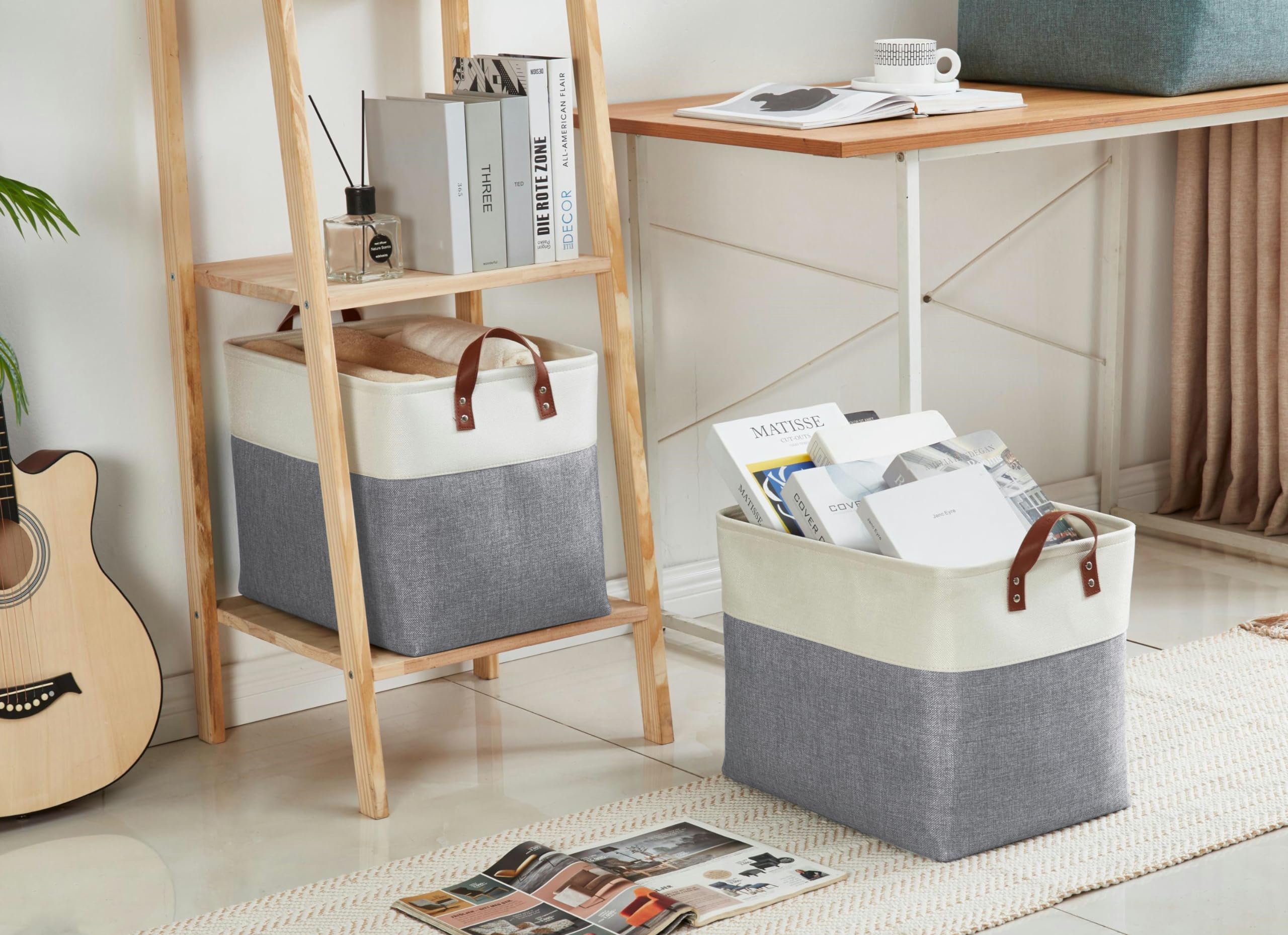 DECOMOMO XXL Fabric Storage Baskets (3-Pack) - Large Closet Organizer for Toys, Nursery & Laundry - Breathable Foldable Storage Bins in Slate Grey & White | Perfect for Home Organization & Kids Room Storage