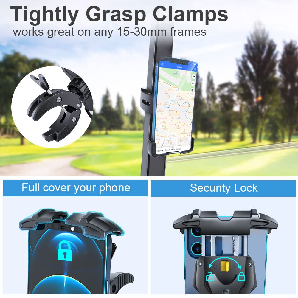 Premium Golf Cart Phone Holder - No Shake Bike & Motorcycle Phone Mount for Handlebars, One-Handed Operation (Black, Medium) - Perfect for Golfing, Cycling, Motorcycling & Outdoor Adventures