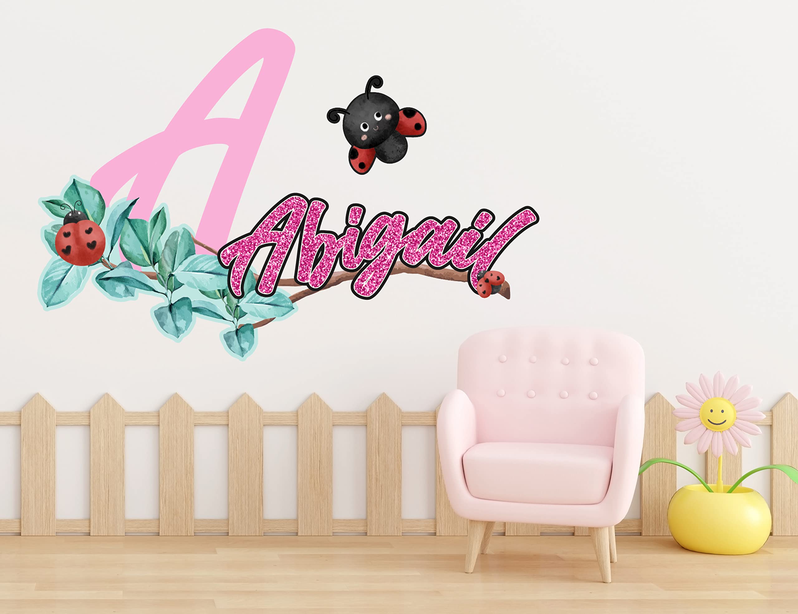 Custom Ladybug & Flower Name Wall Decals for Girls - Personalized Nursery Room Decor - Baby Girl Bedroom Wall Stickers - Removable Kids Room Decoration for Walls (Perfect for Birthday Gifts & Nursery Theming)