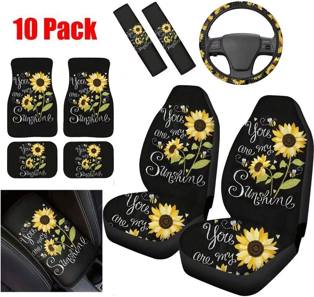 Pensura 10-Piece Car Accessories Set - Sunflower 'You Are My Sunshine' Style - Car Mats, Seat Belt Pads, Console Cover & Steering Wheel Cover - Universal Fit for Cars, Trucks, SUVs, Vans - Perfect for Road Trips & Daily Commutes