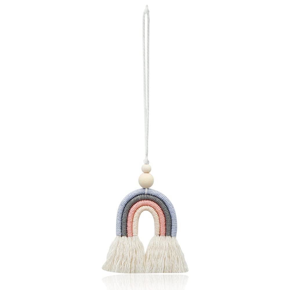 Boho Rainbow Car Hanging Accessories - Colorful Rear View Mirror Charms & Air Freshener Decor for Cars (Gray) | Cute Car Interior Decorations for Women, Teens & Boho Style Lovers