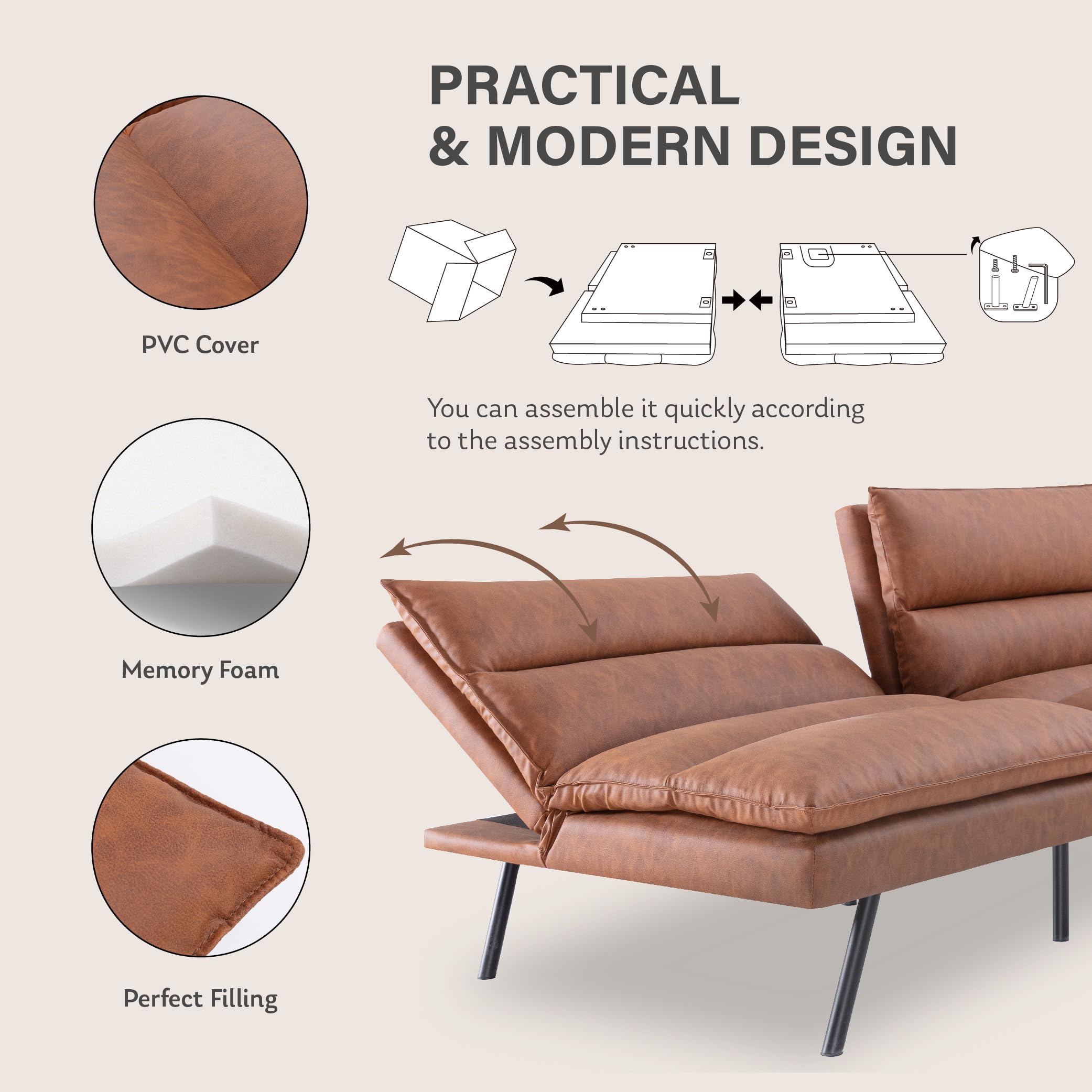 Memory Foam Futon Sofa Bed with Adjustable Backrest - Multi-Functional Convertible Sleeper Sofa for Small Spaces, Living Room & Guest Room (Brown) - Perfect for Apartments, Dorms & Home Offices