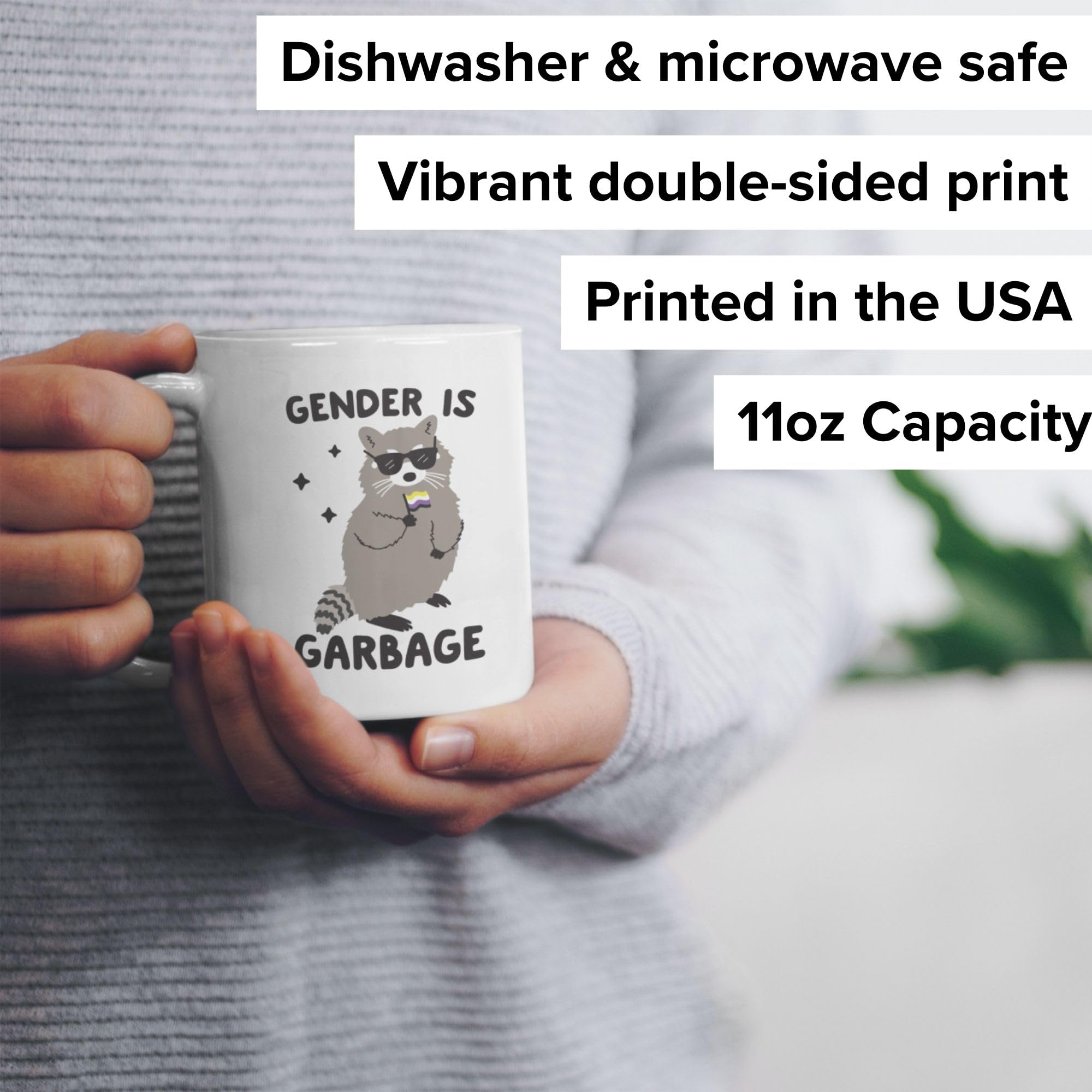 Non Binary Raccoon Pride Coffee Mug - 11oz Funny Ceramic Cup with Double-Sided Print, Unique Humor Gift for Women & Men - Perfect for LGBTQ+ Pride Celebrations, Office Coffee Breaks & Novelty Gift Giving